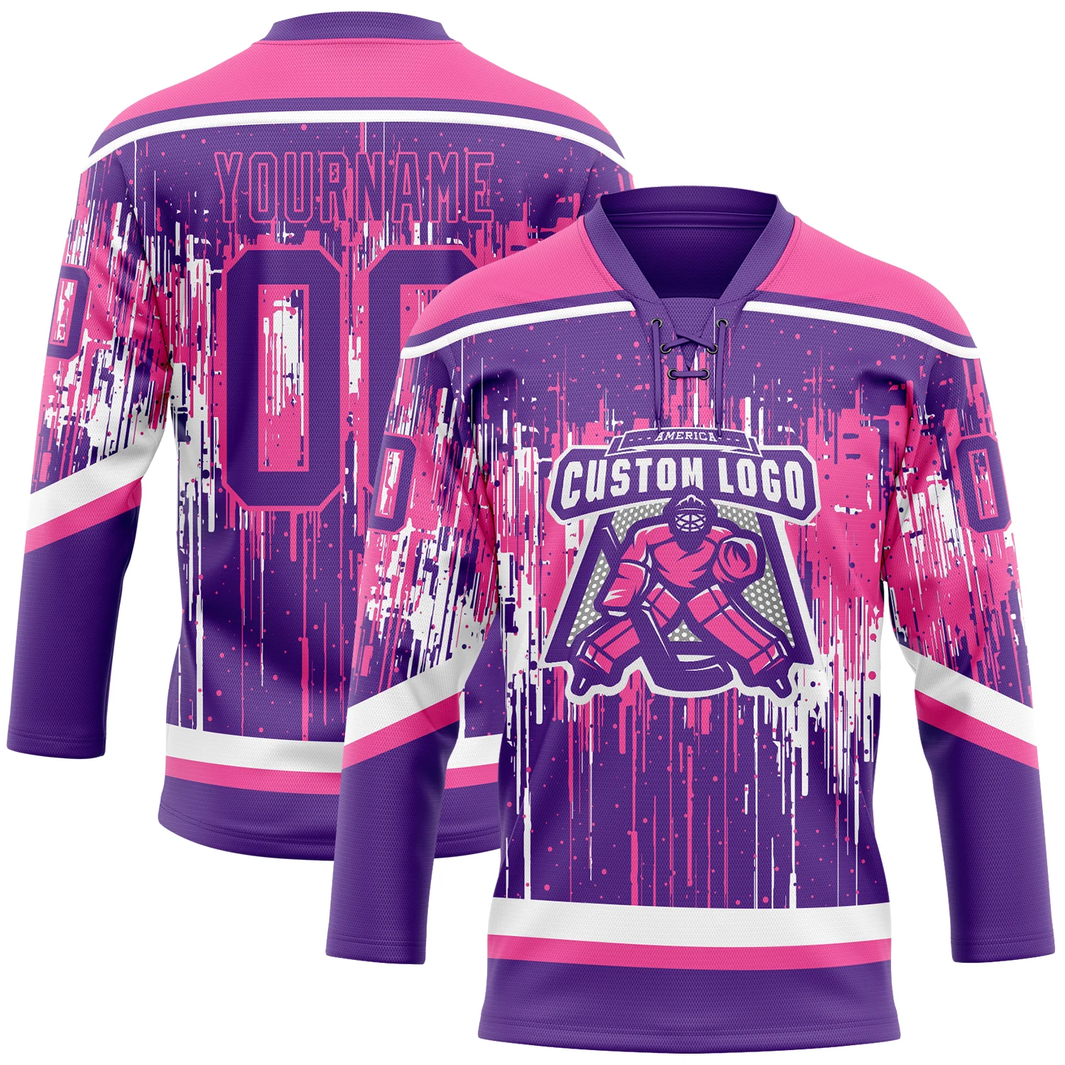 Custom Purple Pink-White Dripping Splatter Pattern Hockey Lace Neck Jersey - Image 2