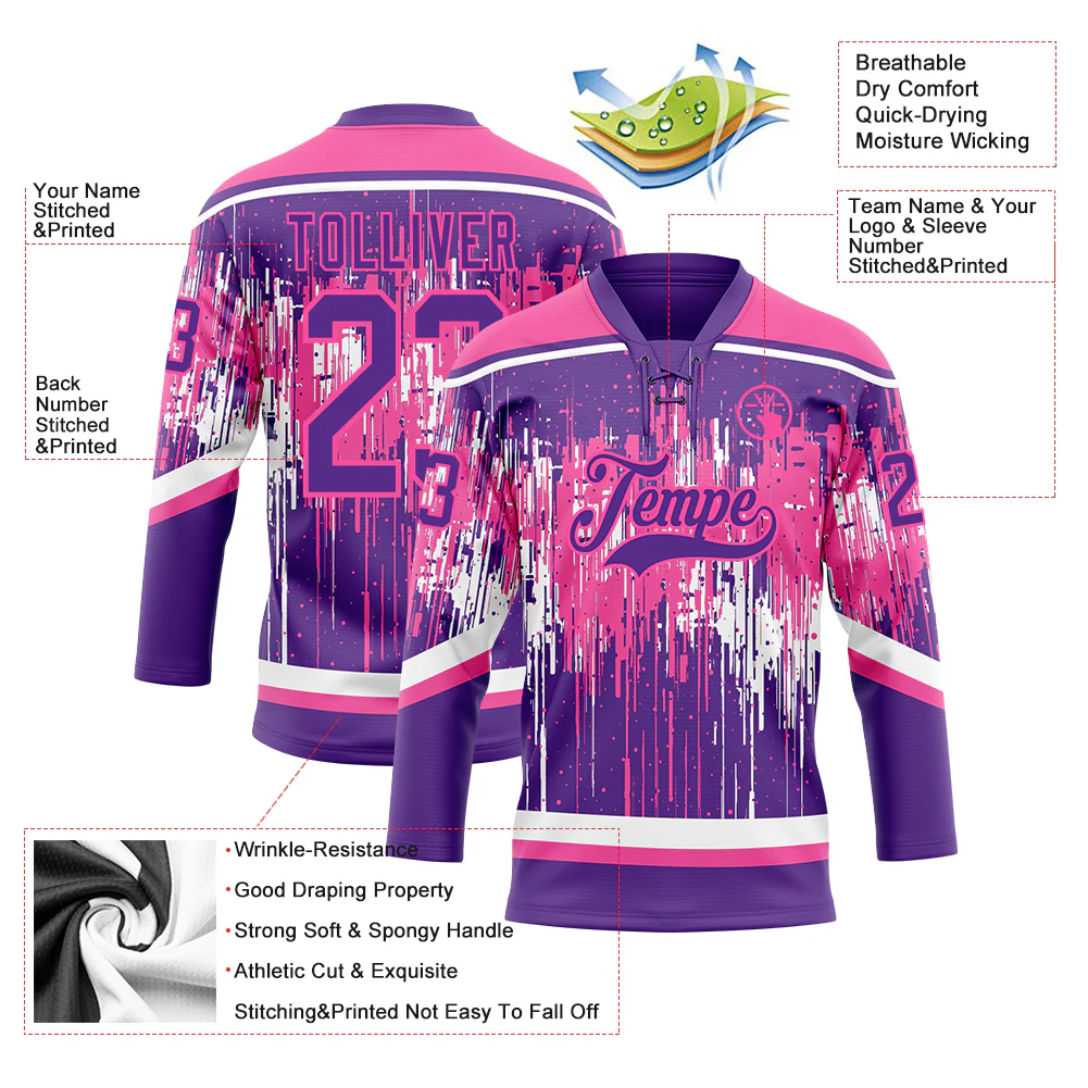Custom Purple Pink-White Dripping Splatter Pattern Hockey Lace Neck Jersey - Image 5