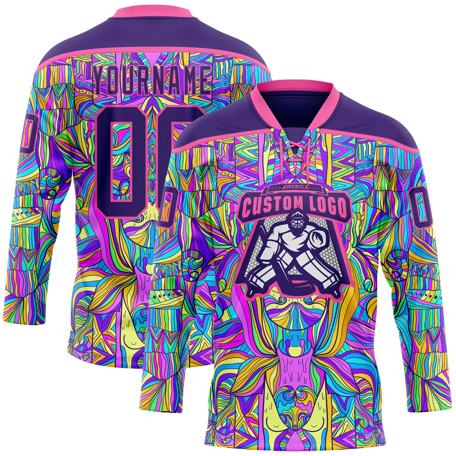 Custom Purple Pink-Yellow Trippy Psychedelic Hockey Lace Neck Jersey - Image 2