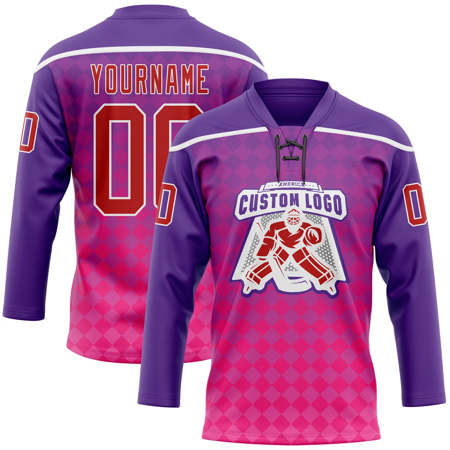 Custom Purple Red Pink-White Abstract Gradient Halftone Pattern Hockey Lace Neck Jersey - Image 2
