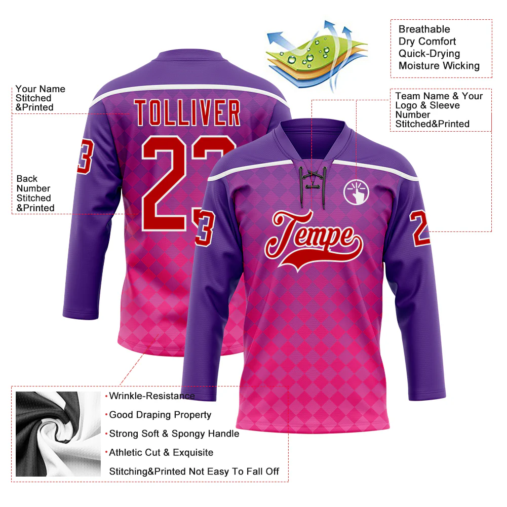 Custom Purple Red Pink-White Abstract Gradient Halftone Pattern Hockey Lace Neck Jersey - Image 5