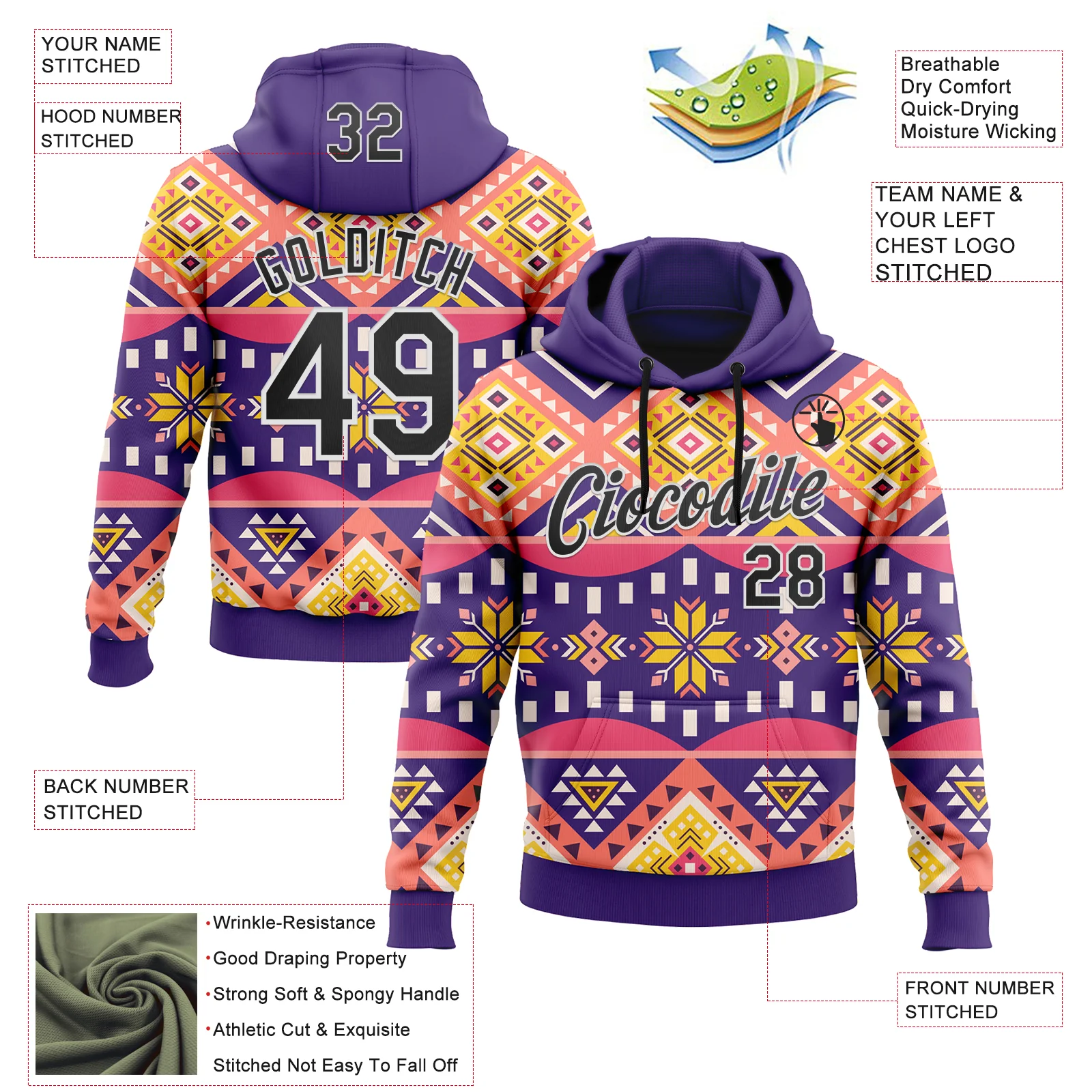 Custom Stitched Purple Black Pink Yellow-White 3D Mexico Aztec Pattern Sports Pullover Sweatshirt Hoodie - Image 2
