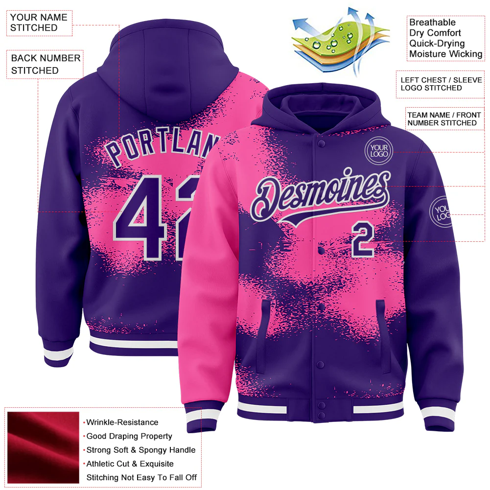 Custom Purple Pink-White Abstract Color Blocks Fragment Pattern Bomber Full-Snap Varsity Letterman Hoodie Jacket - Image 4