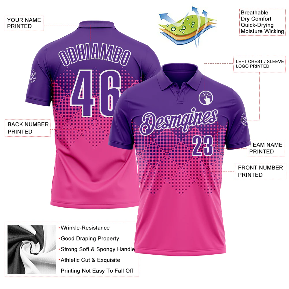 Custom Purple Pink-White 3D Pattern Design Gradient Square Shape Performance Polo Shirt - Image 3