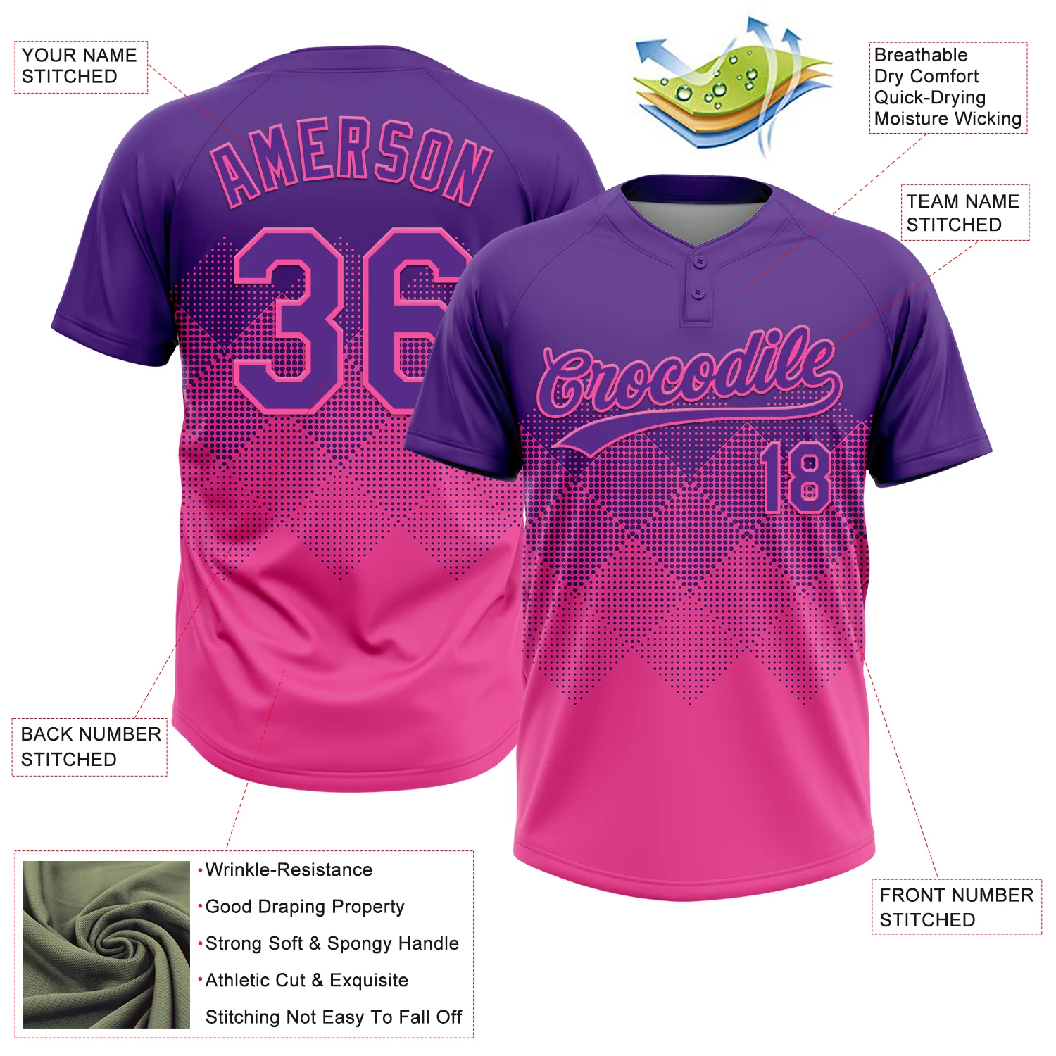 Custom Purple Pink 3D Gradient Square Shape Two-Button Unisex Softball Jersey - Image 3