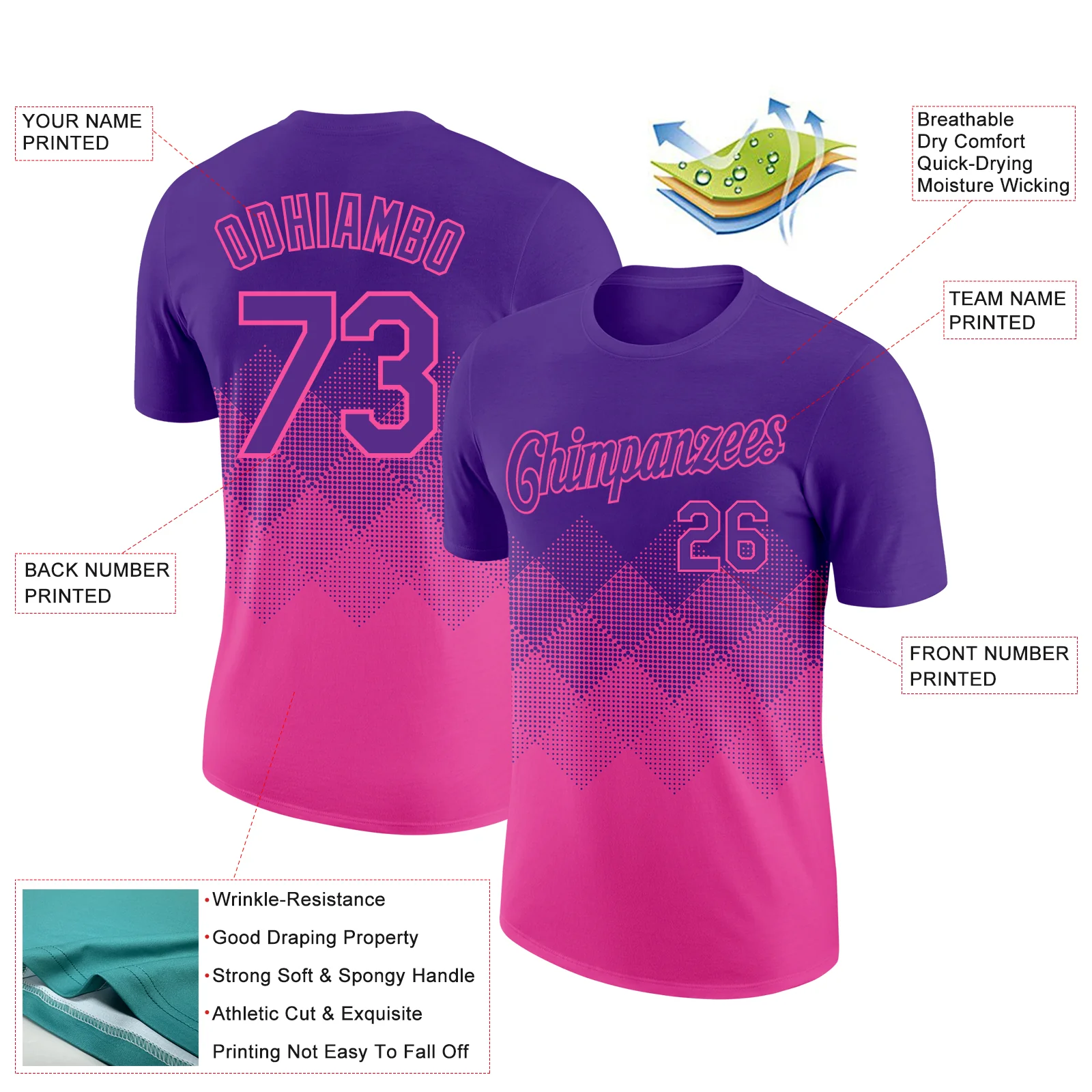 Custom Purple Pink 3D Pattern Design Gradient Square Shapes Performance T-Shirt - Image 2