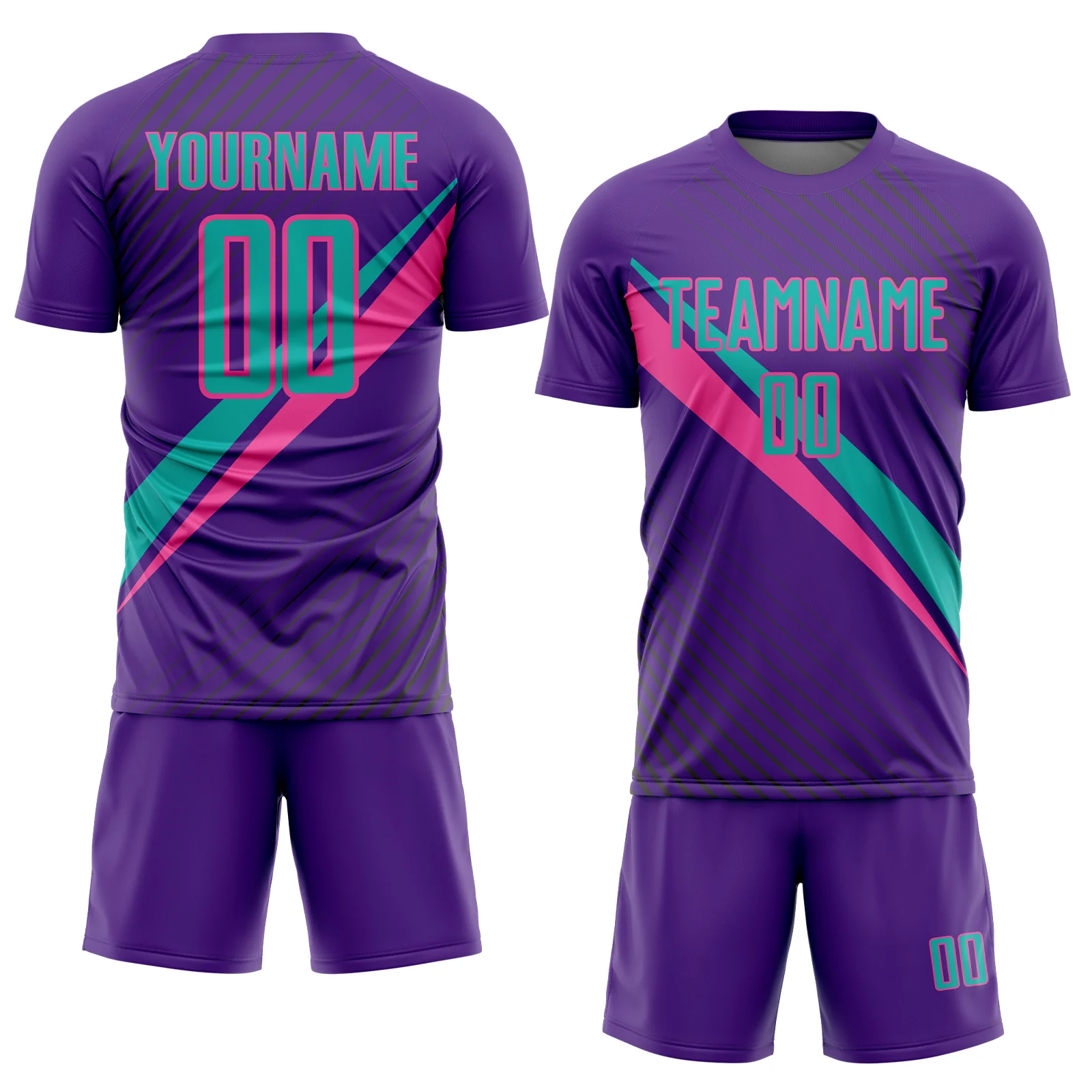 Custom Purple Aqua-Pink Diagonal Stripes Sports Sublimation Soccer Uniform Jersey - Image 2