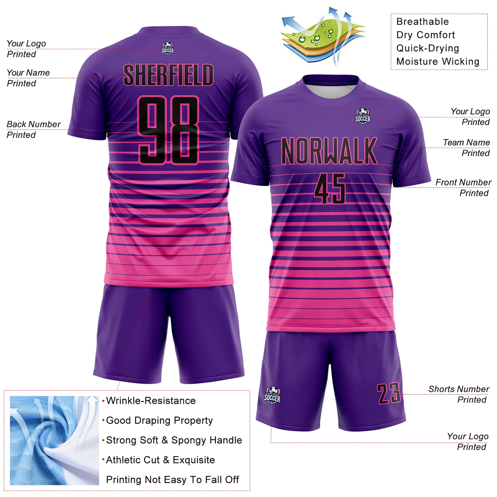 Custom Purple Black-Pink Gradient Pinstripe Sublimation Soccer Uniform Jersey - Image 4