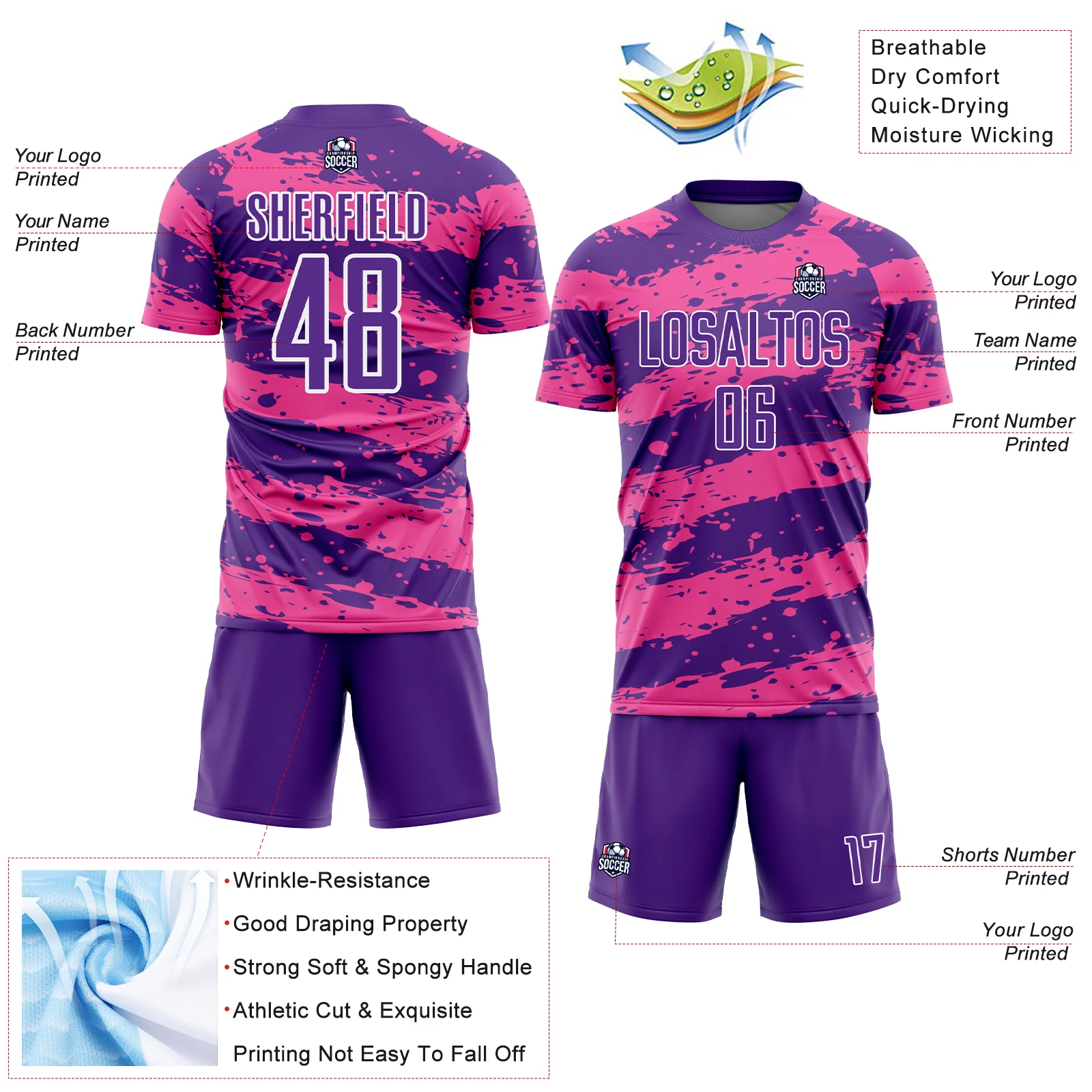 Custom Purple Pink-White Splash Sublimation Soccer Uniform Jersey - Image 4