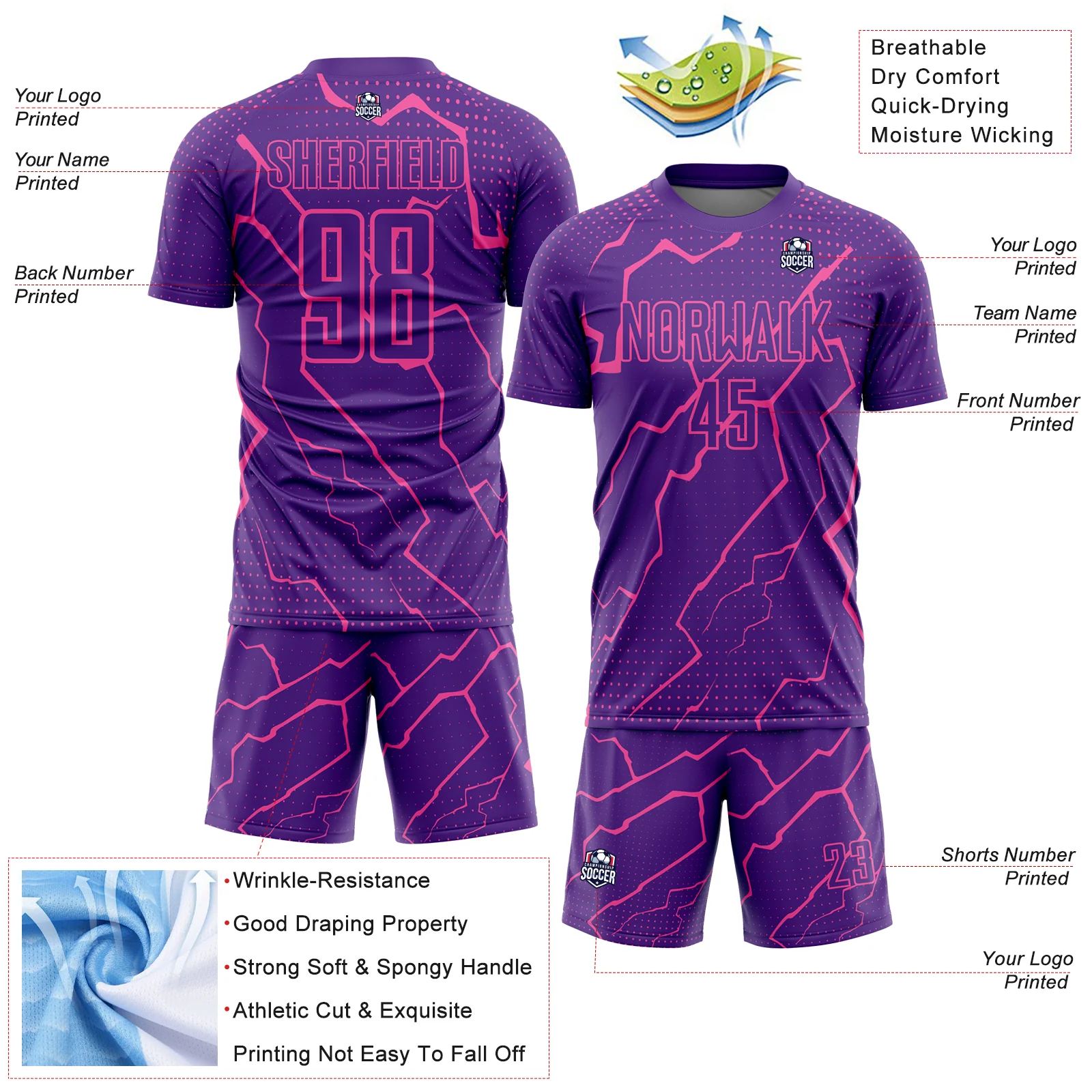 Custom Purple Pink Lightning Sublimation Soccer Uniform Jersey - Image 4