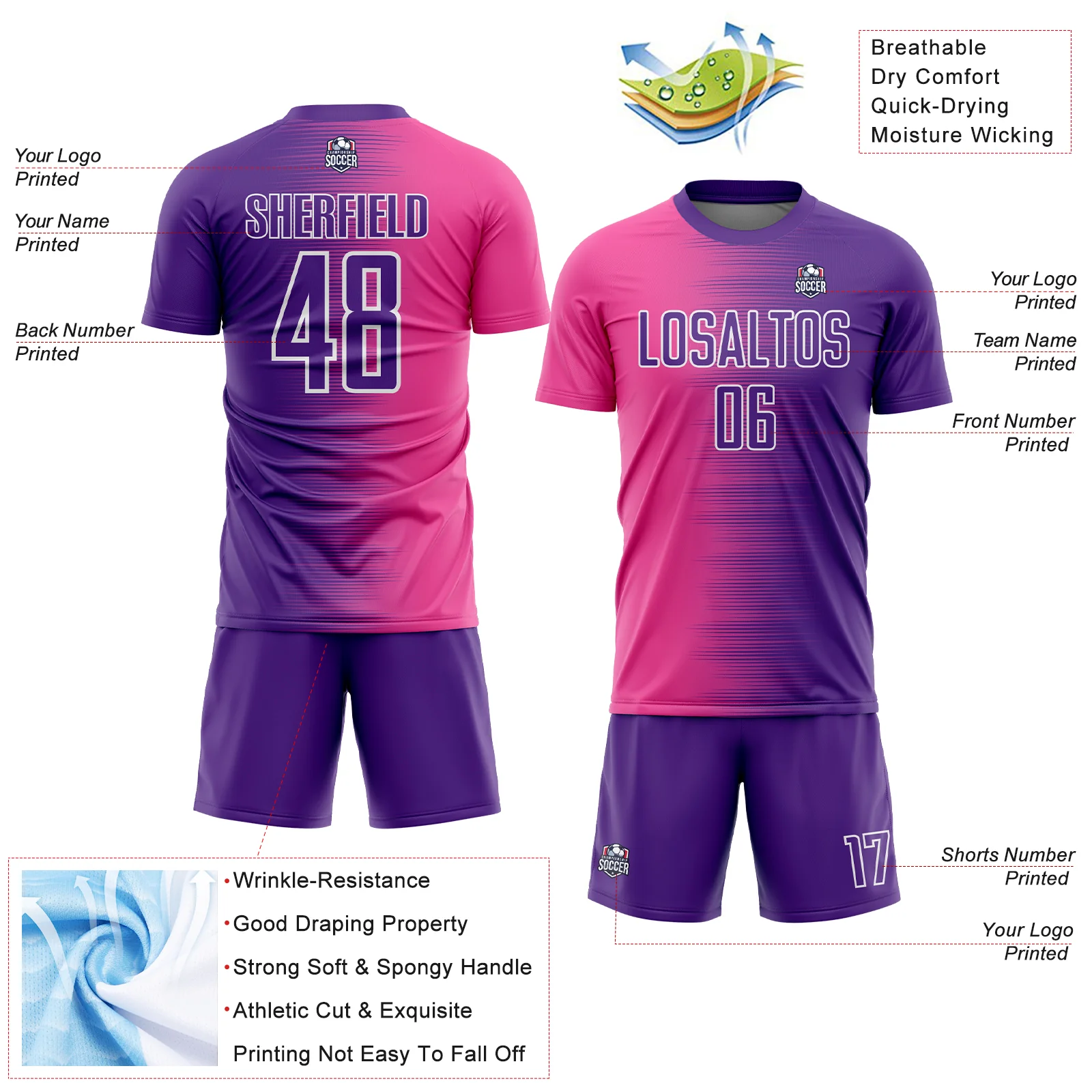 Custom Purple Pink-White Gradient Line Sublimation Soccer Uniform Jersey - Image 4