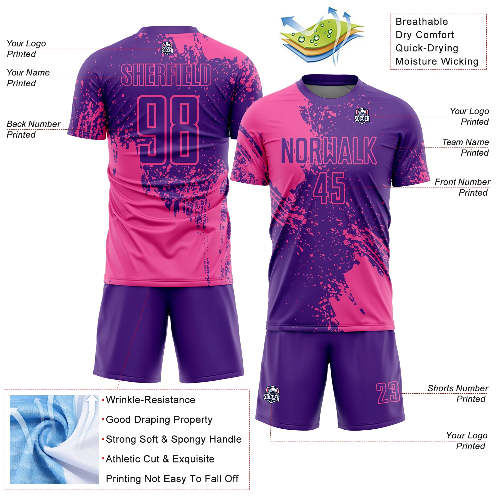 Custom Purple Pink Abstract Brush Stroke Sports Sublimation Soccer Uniform Jersey - Image 4