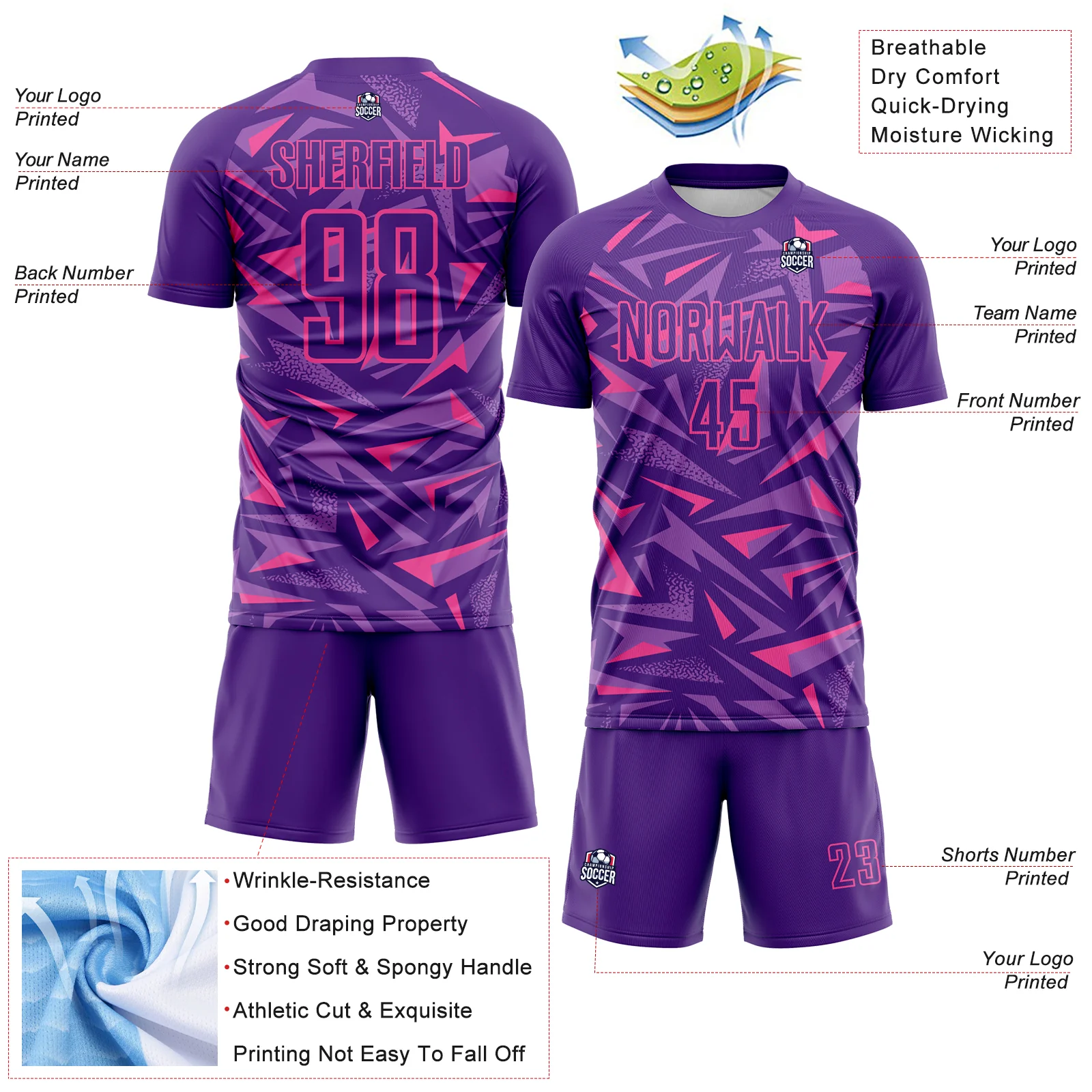 Custom Purple Pink-Medium Purple Cyber Mecha E-sport Geometric Shards Spike Sublimation Soccer Uniform Jersey - Image 4