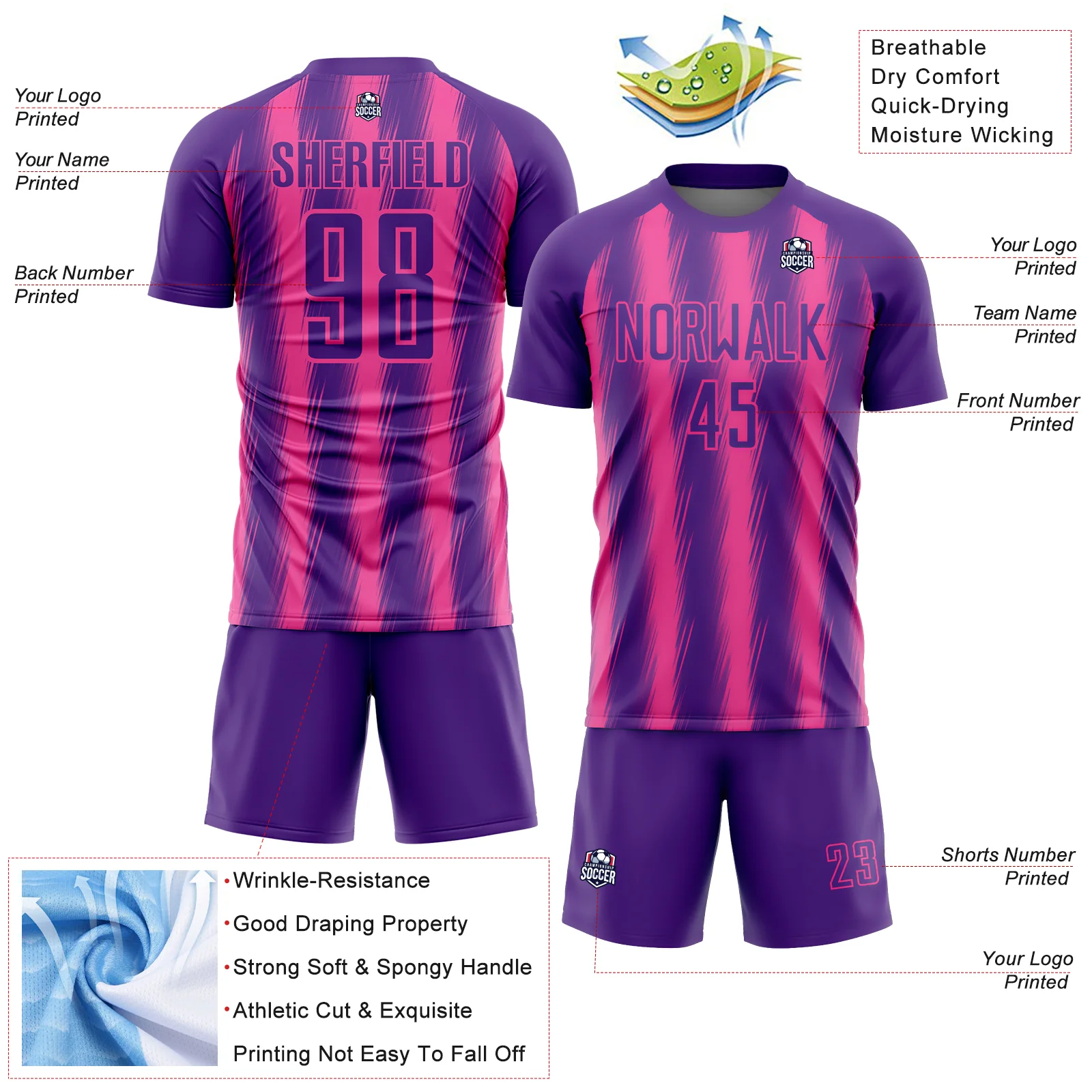 Custom Purple Pink Vertical Brush Stroke Stripes Sublimation Soccer Uniform Jersey - Image 4