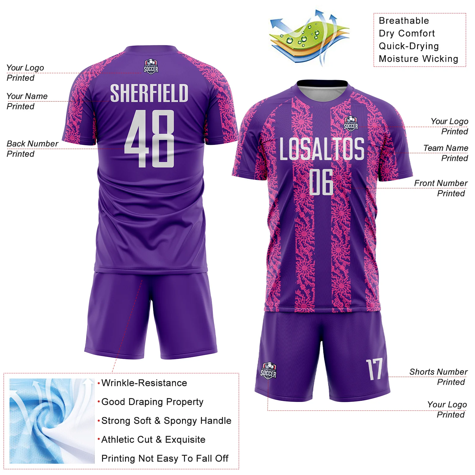 Custom Purple White-Pink Abstract Shape Sublimation Soccer Uniform Jersey - Image 4