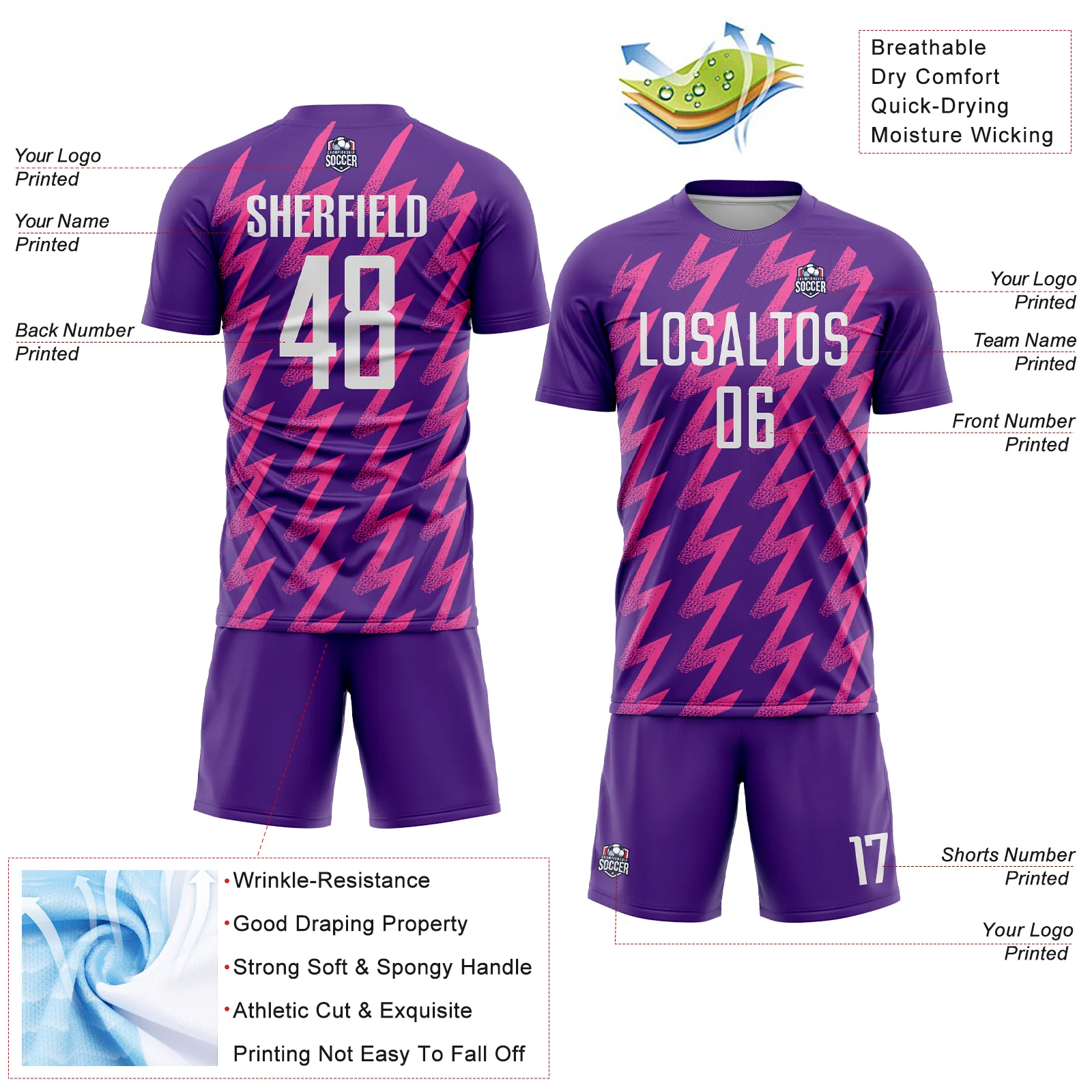 Custom Purple White-Pink Zigzag Shape Sublimation Soccer Uniform Jersey - Image 4