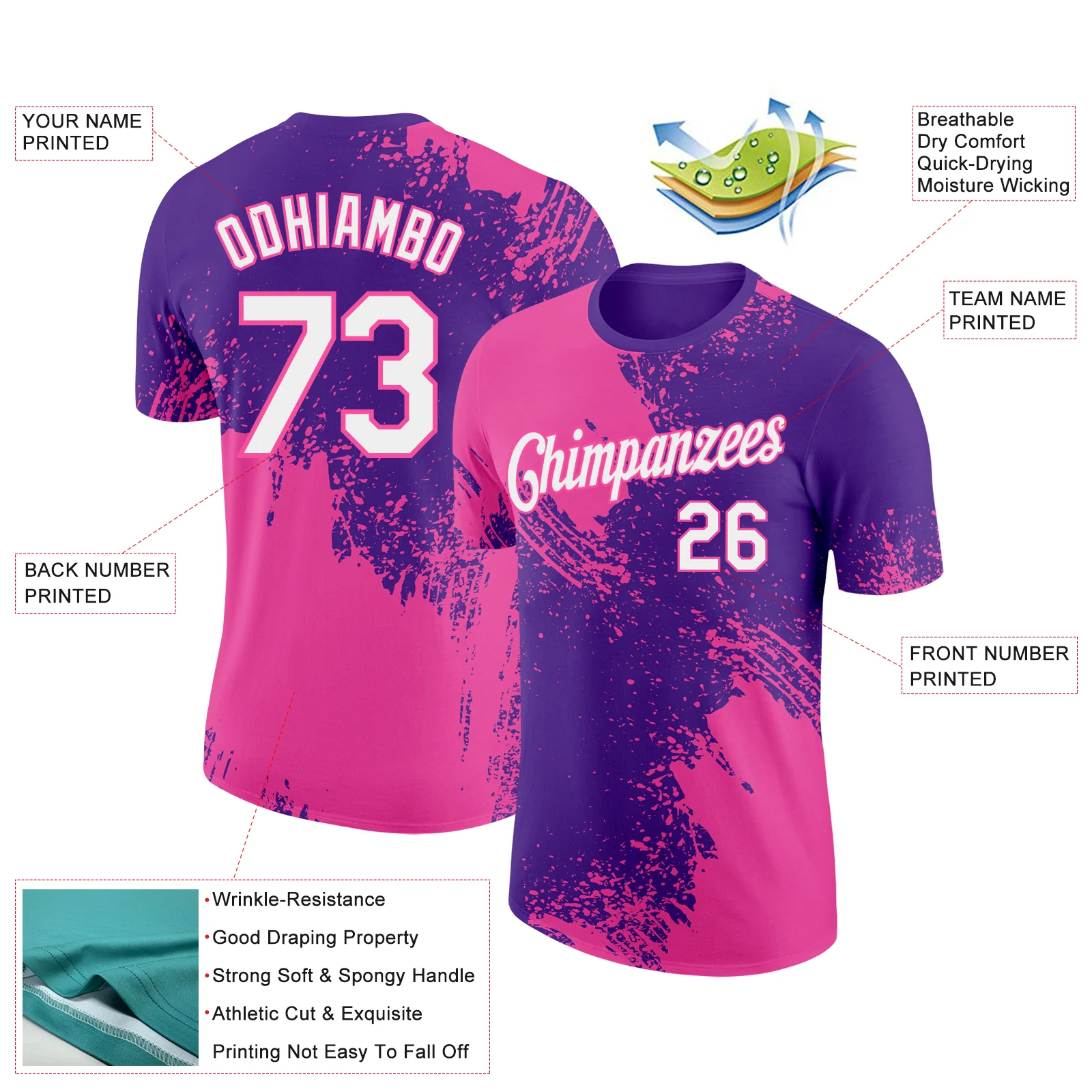 Custom Purple White-Pink 3D Pattern Design Abstract Brush Stroke Performance T-Shirt - Image 2