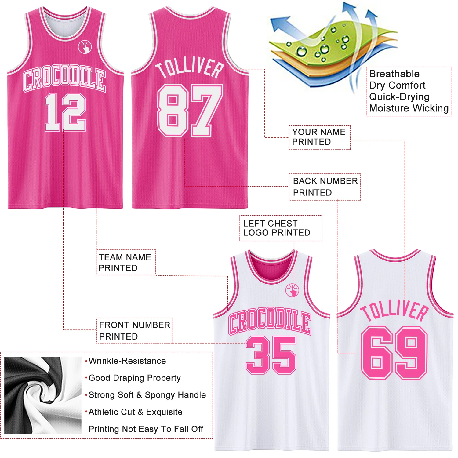 Custom Pink White Reversible Double Side Sublimation Basketball Suit Jersey - Image 5