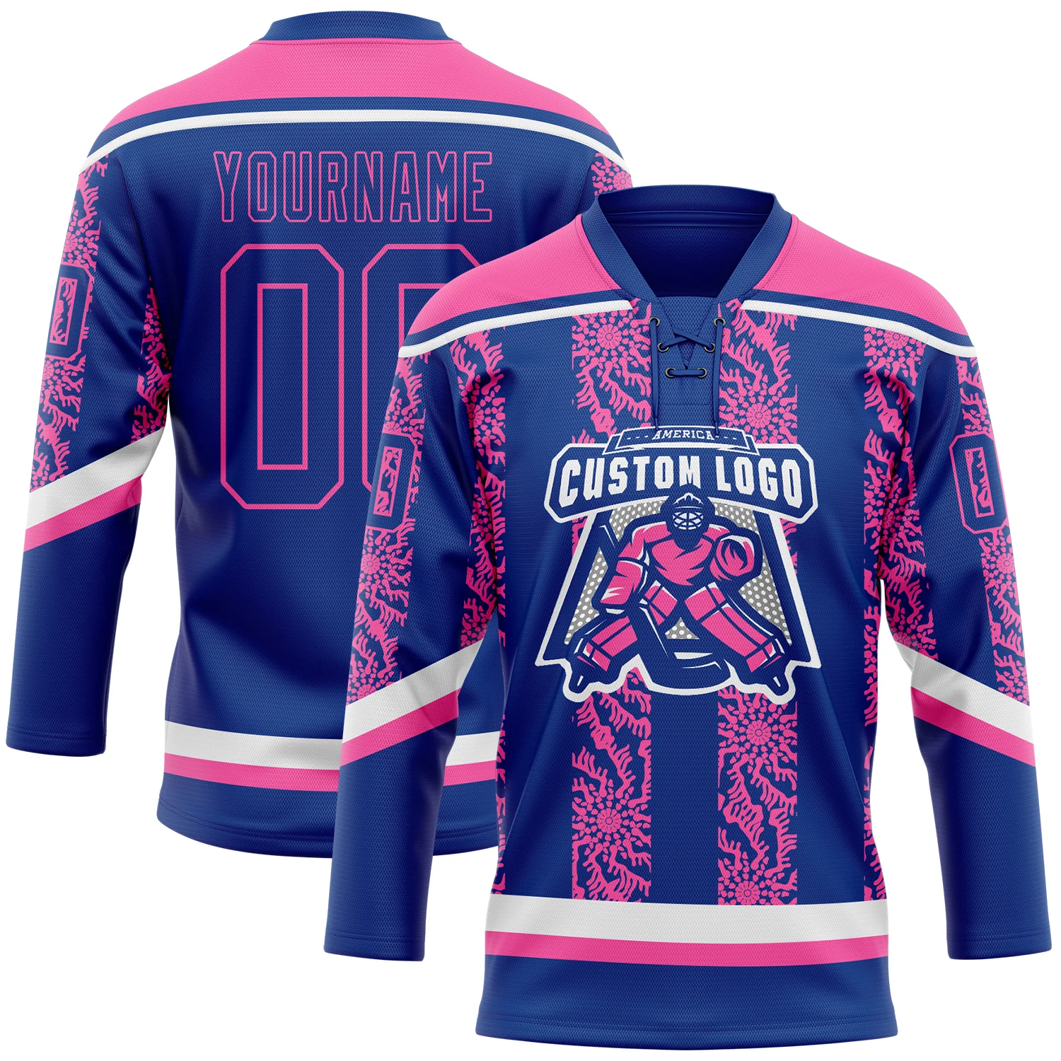 Custom Royal Pink-White 3D Pattern Abstract Shape Hockey Lace Neck Jersey - Image 2