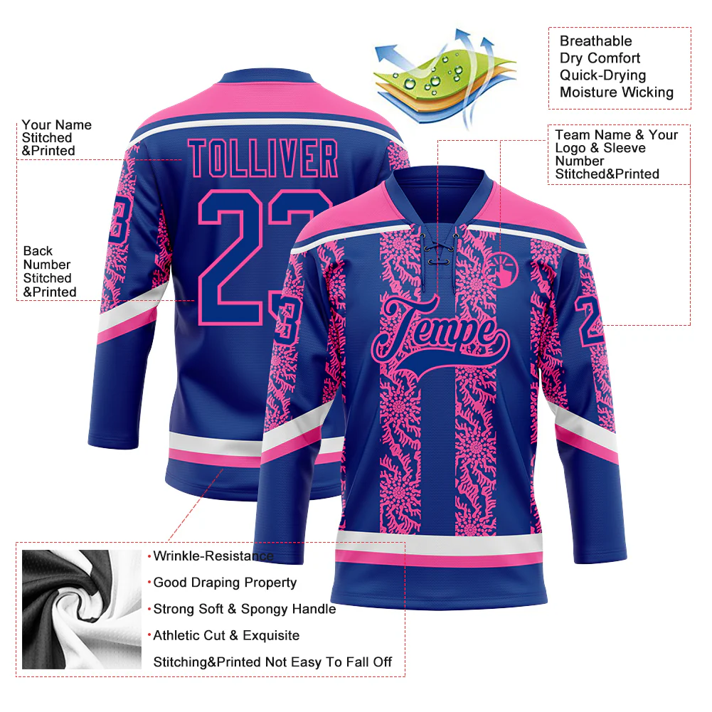 Custom Royal Pink-White 3D Pattern Abstract Shape Hockey Lace Neck Jersey - Image 3