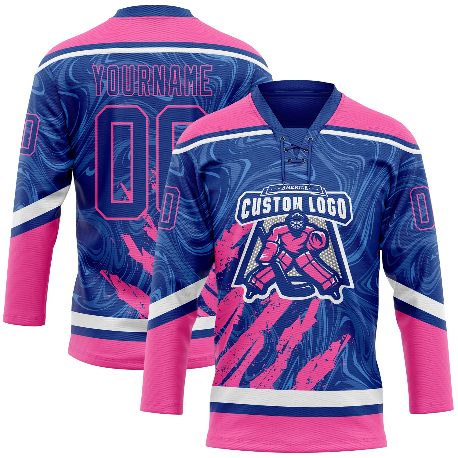 Custom Royal Pink-White 3D Splash Art Hockey Lace Neck Jersey - Image 2