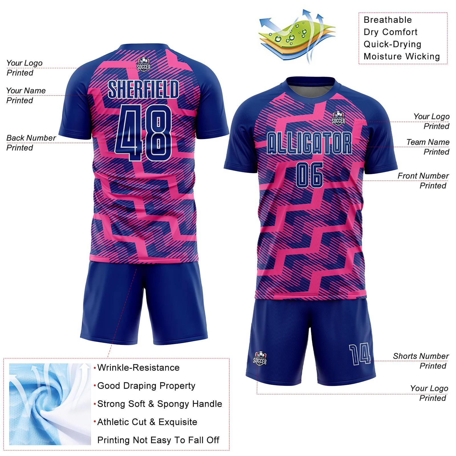 Custom Royal Pink-White Line Sublimation Soccer Uniform Jersey - Image 4