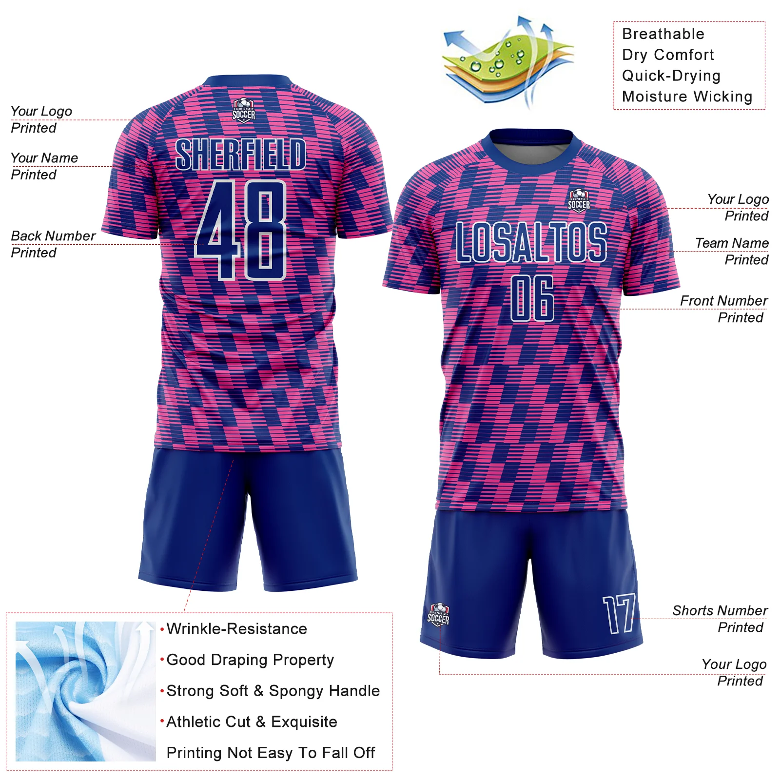 Custom Royal Pink-White Line Sublimation Soccer Uniform Jersey - Image 4