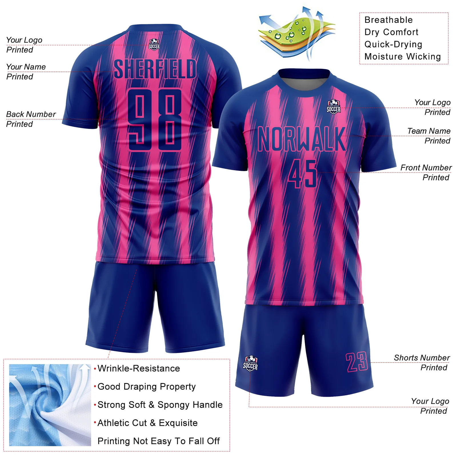 Custom Royal Pink Vertical Brush Stroke Stripes Sublimation Soccer Uniform Jersey - Image 4