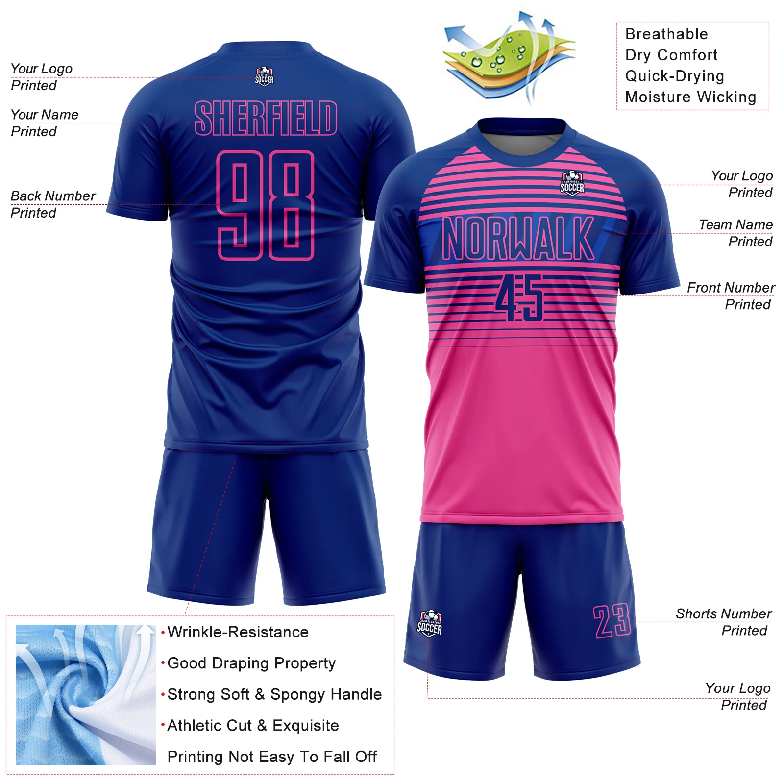 Custom Royal Pink-Thunder Blue Gradient Horizontal Stripes Sublimation Soccer Uniform Jersey - Image 4