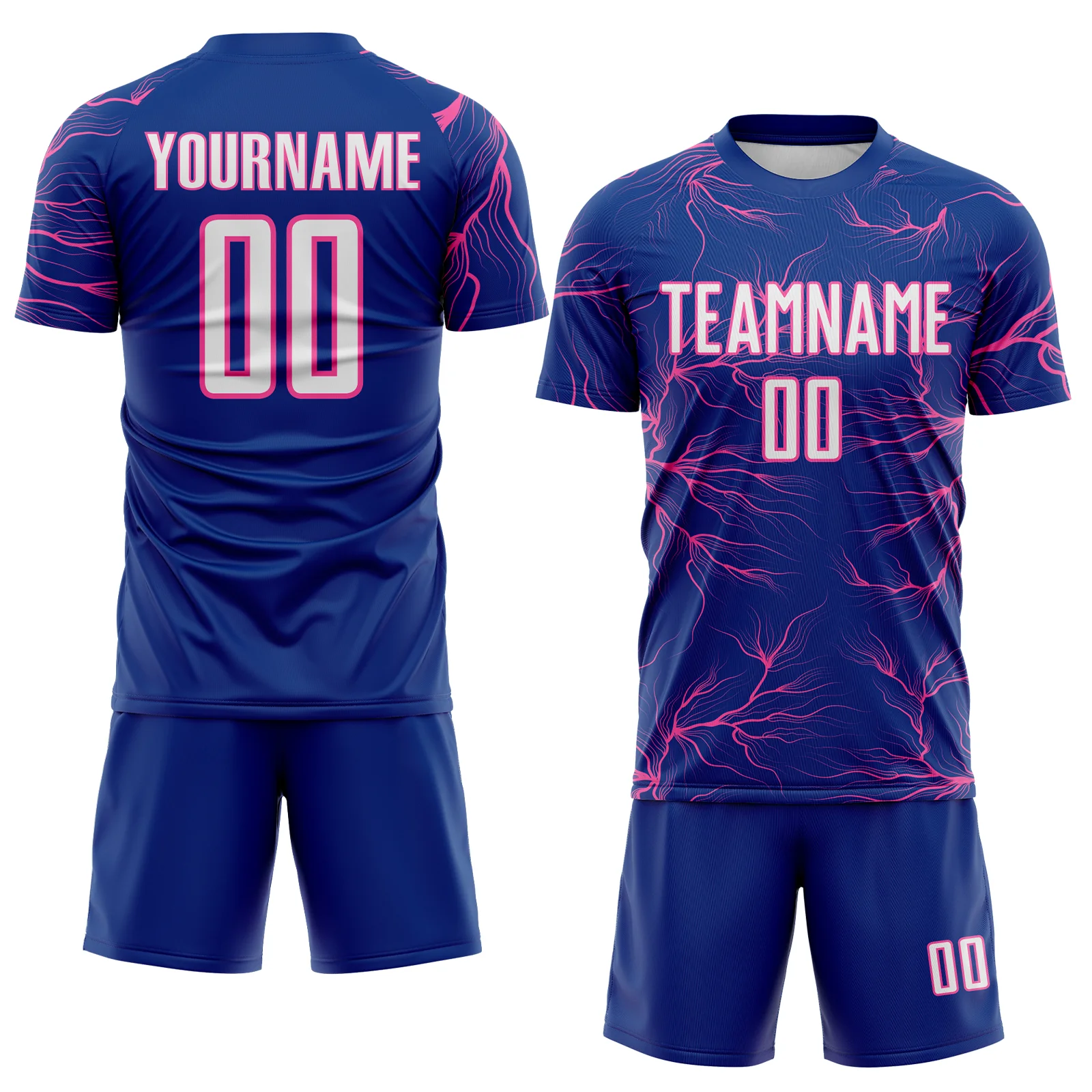 Custom Royal White-Pink Lightning Electric Veins Sublimation Soccer Uniform Jersey - Image 2