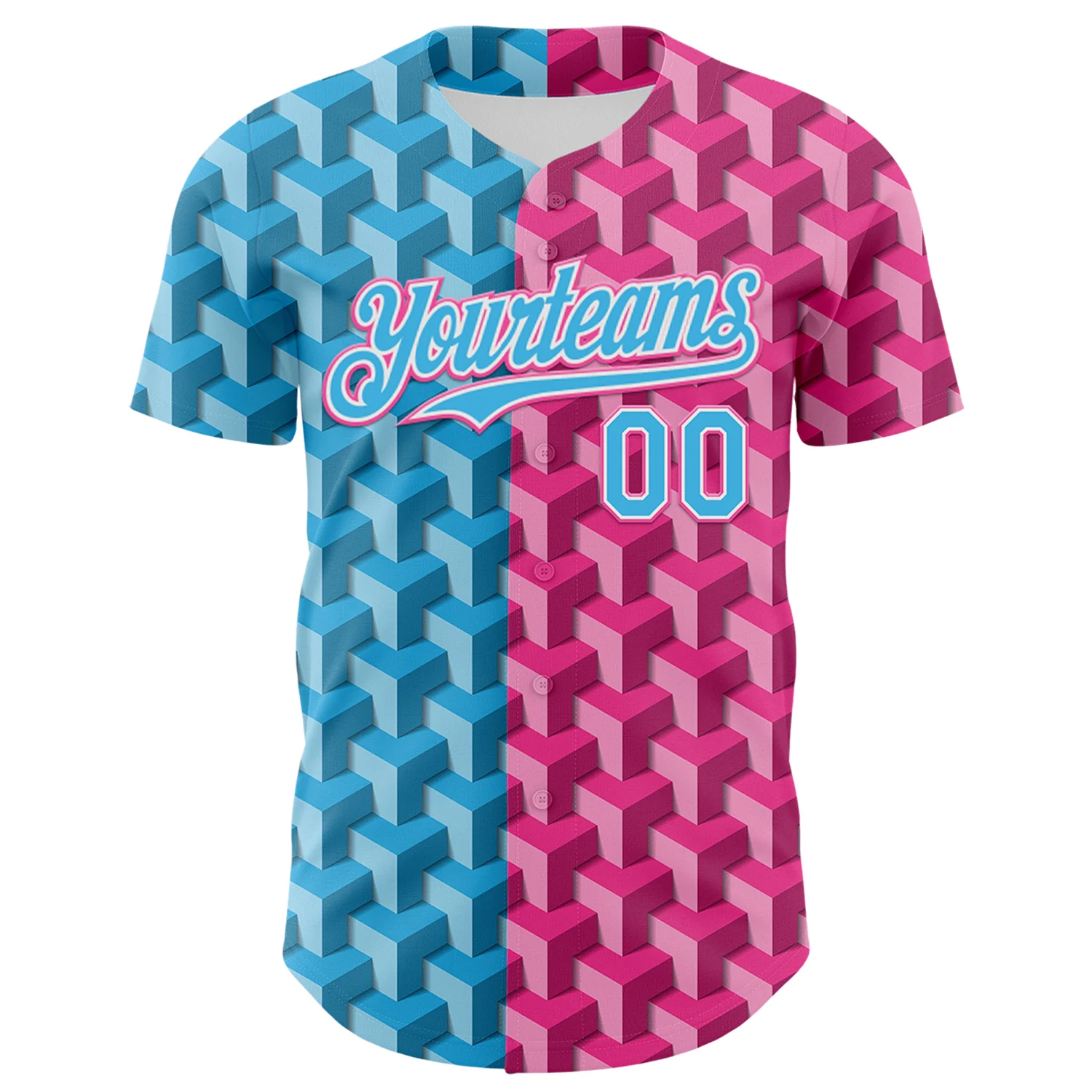Custom Sky Blue Pink-White Valentine's Day Gradient Love Heart Authentic Baseball Jersey - Image 2