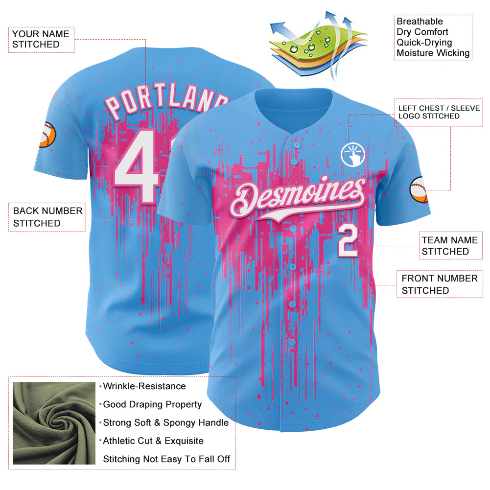Custom Sky Blue White-Pink Dripping Splatter Paint Authentic Baseball Jersey - Image 3