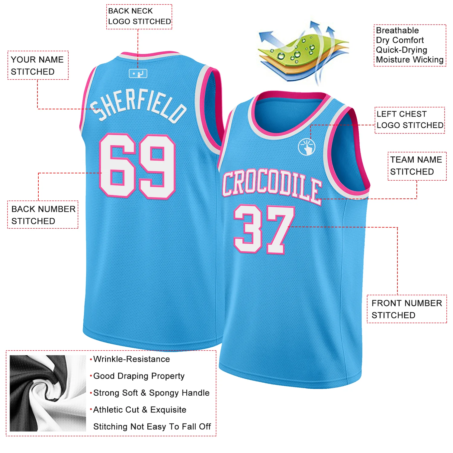 Custom Sky Blue White-Pink Authentic Basketball Jersey - Image 2