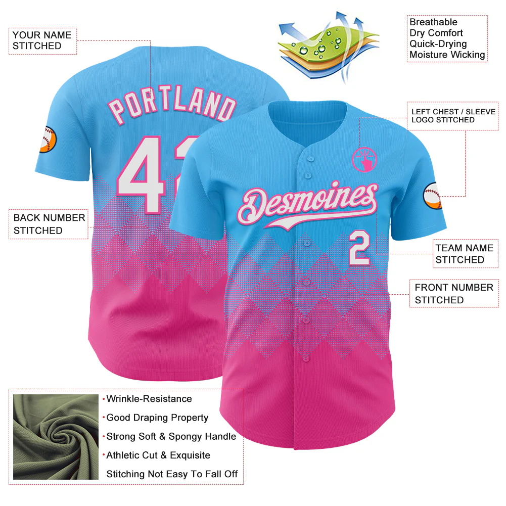 Custom Sky Blue White-Pink 3D Gradient Square Shape Authentic Baseball Jersey - Image 3
