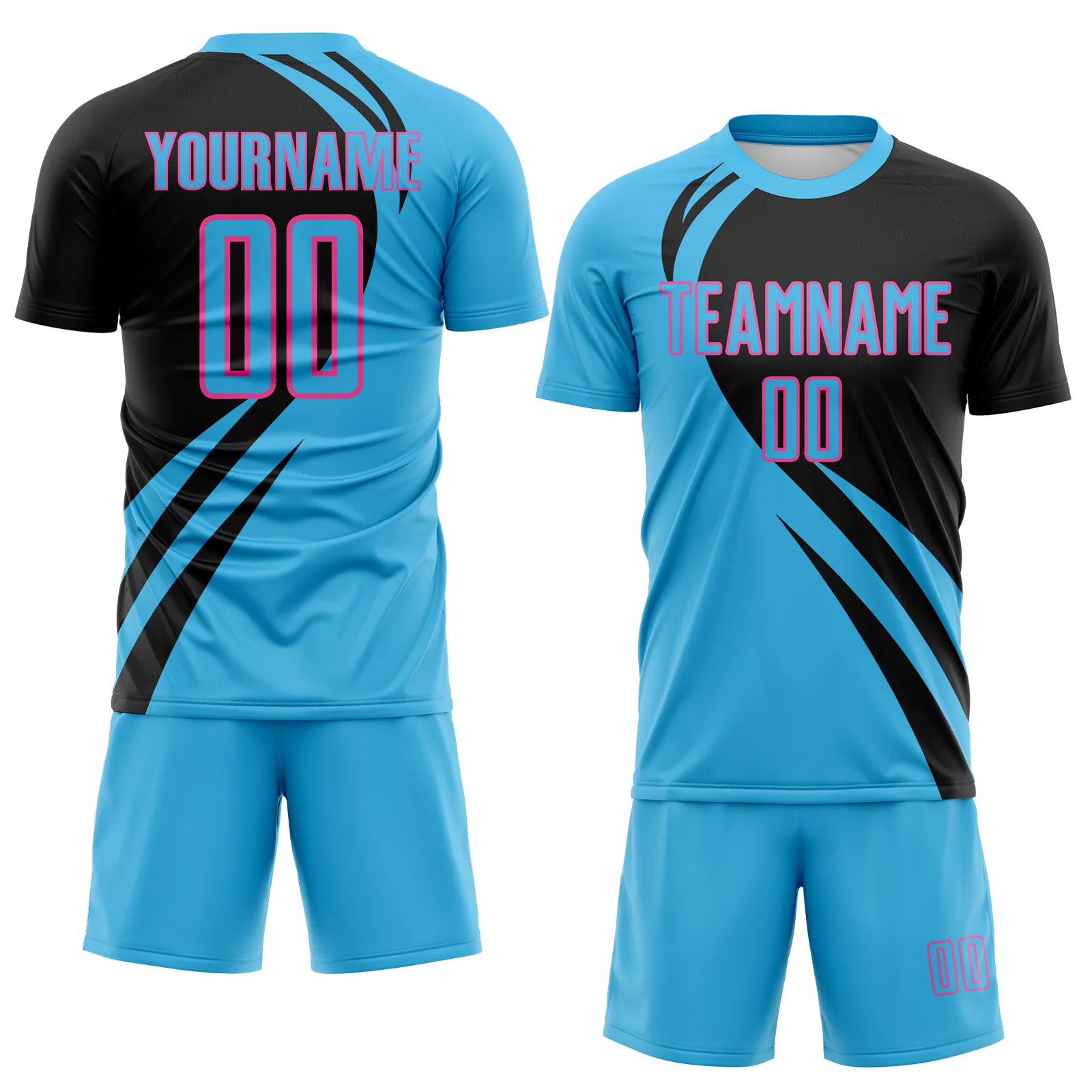Custom Sky Blue Pink-Black Diagonal Streamline Color Block Swirl Curve Lines Sublimation Soccer Uniform Jersey - Image 2