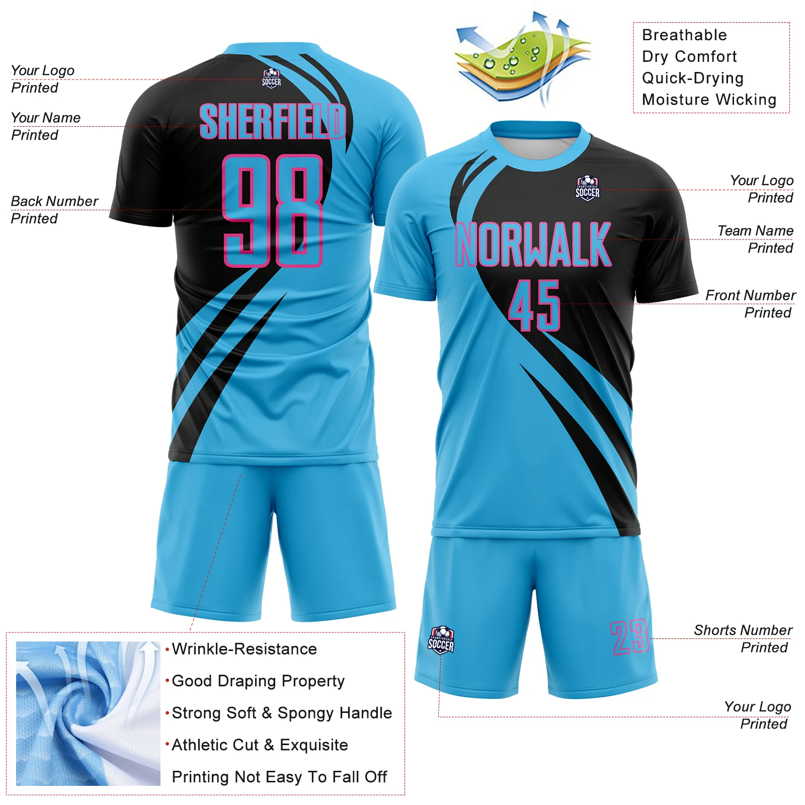 Custom Sky Blue Pink-Black Diagonal Streamline Color Block Swirl Curve Lines Sublimation Soccer Uniform Jersey - Image 3