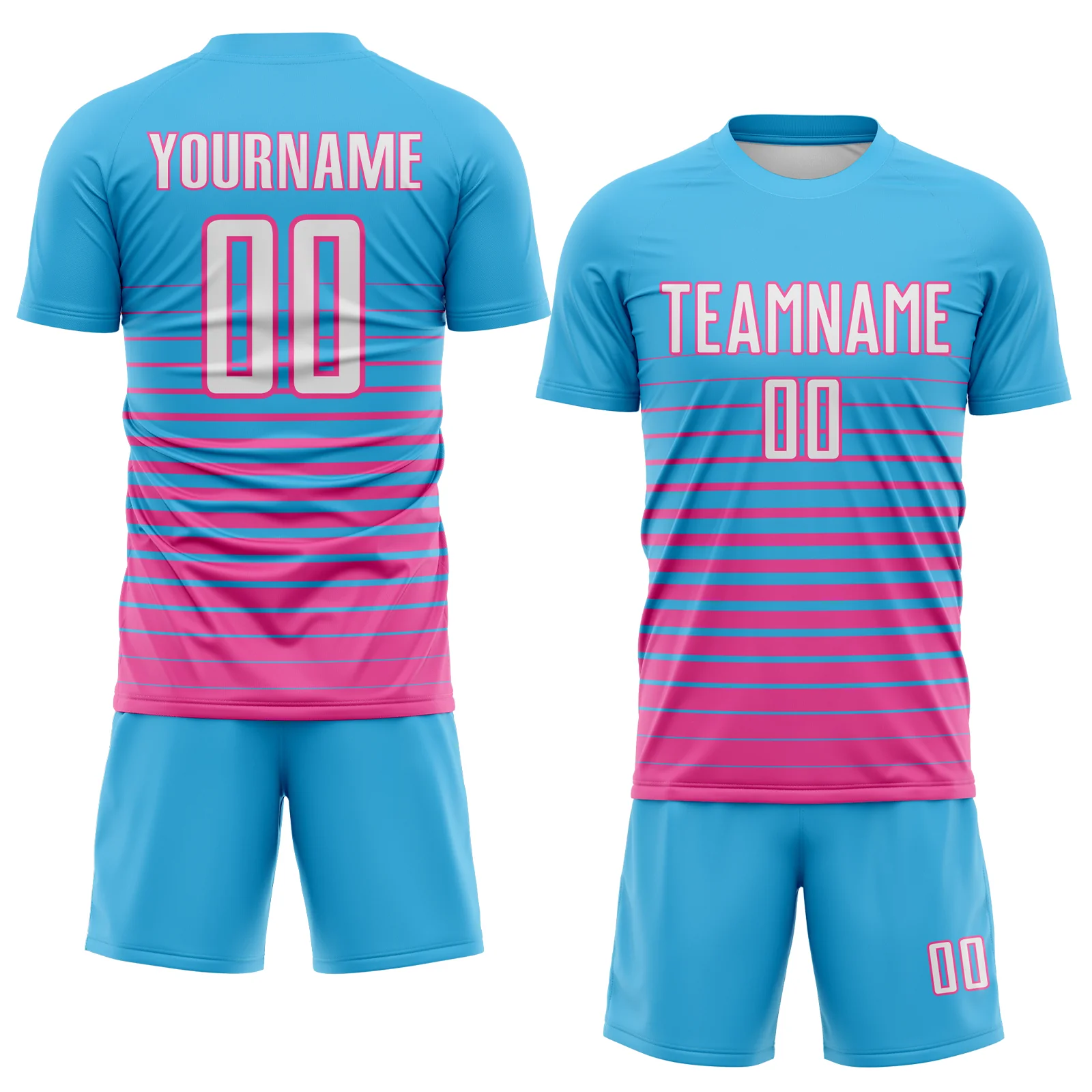 Custom Sky Blue White-Pink Gradient Pinstripe Sublimation Soccer Uniform Jersey - Image 2