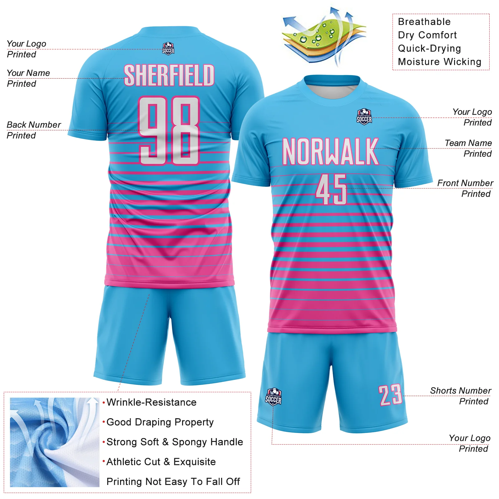 Custom Sky Blue White-Pink Gradient Pinstripe Sublimation Soccer Uniform Jersey - Image 4