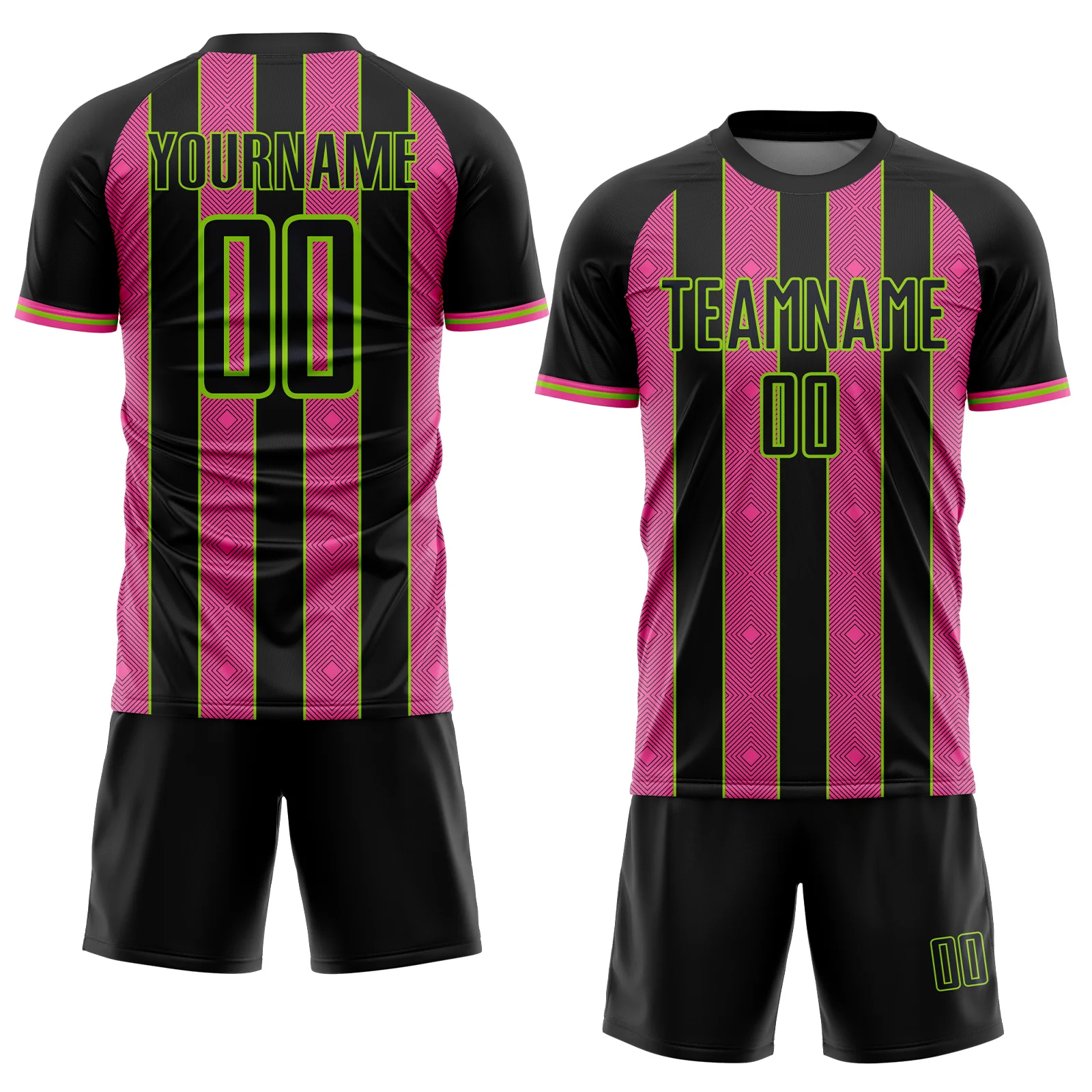 Custom Black Pink-Neon Green Pinstripe Line Sports Sublimation Soccer Uniform Jersey - Image 2