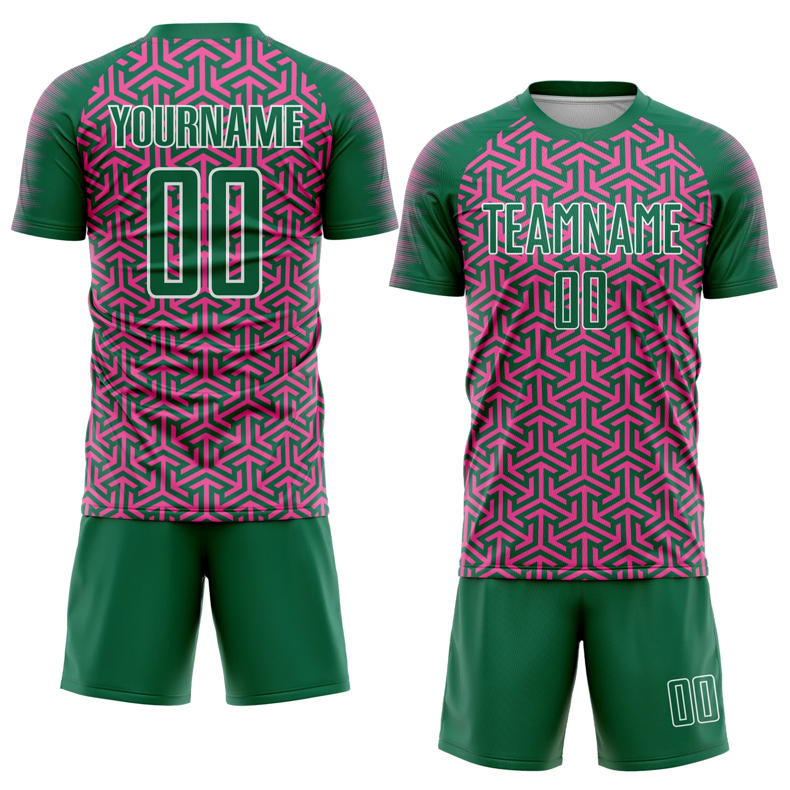 Custom Kelly Green Pink-White Geometric Arrow Sublimation Soccer Uniform Jersey - Image 2