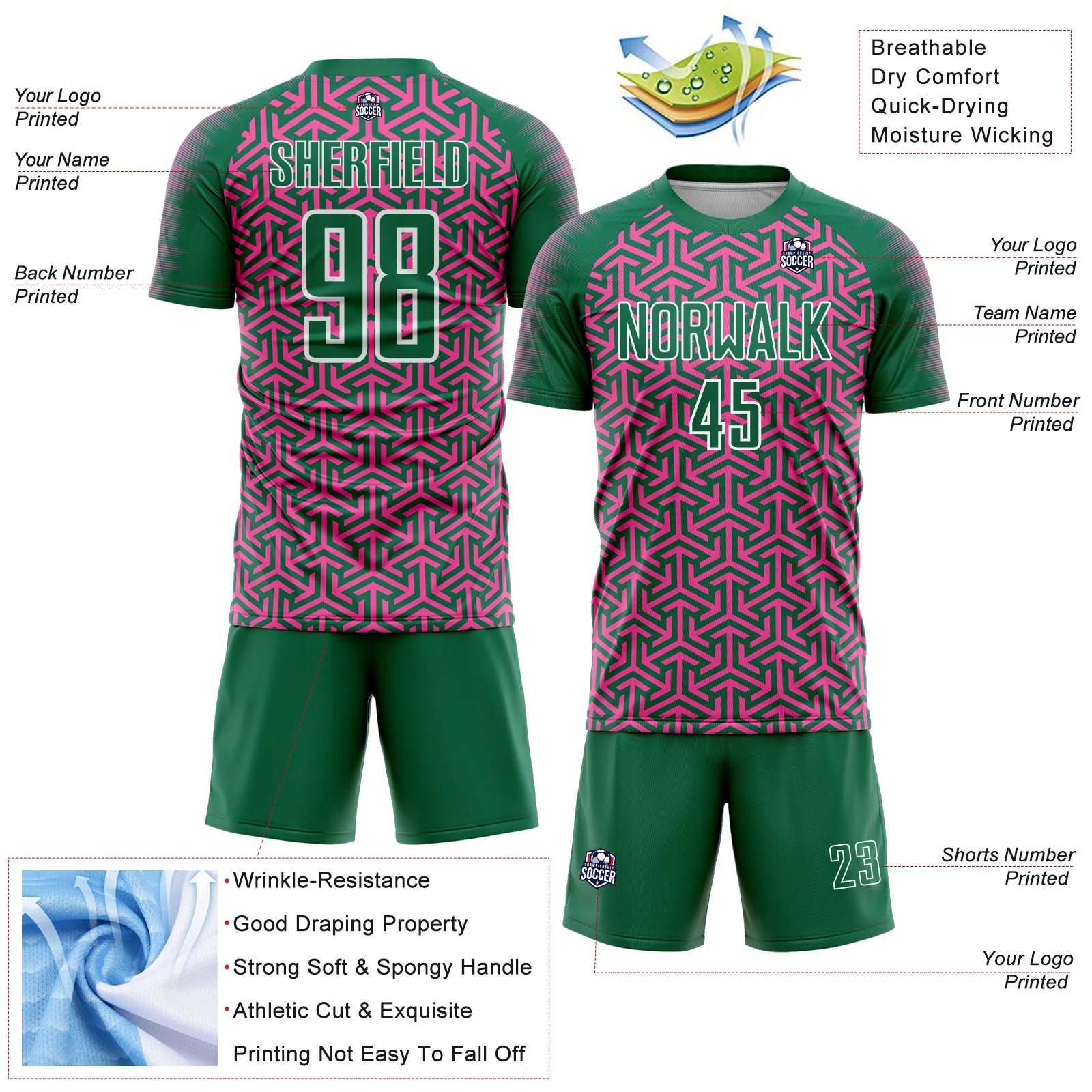 Custom Kelly Green Pink-White Geometric Arrow Sublimation Soccer Uniform Jersey - Image 4