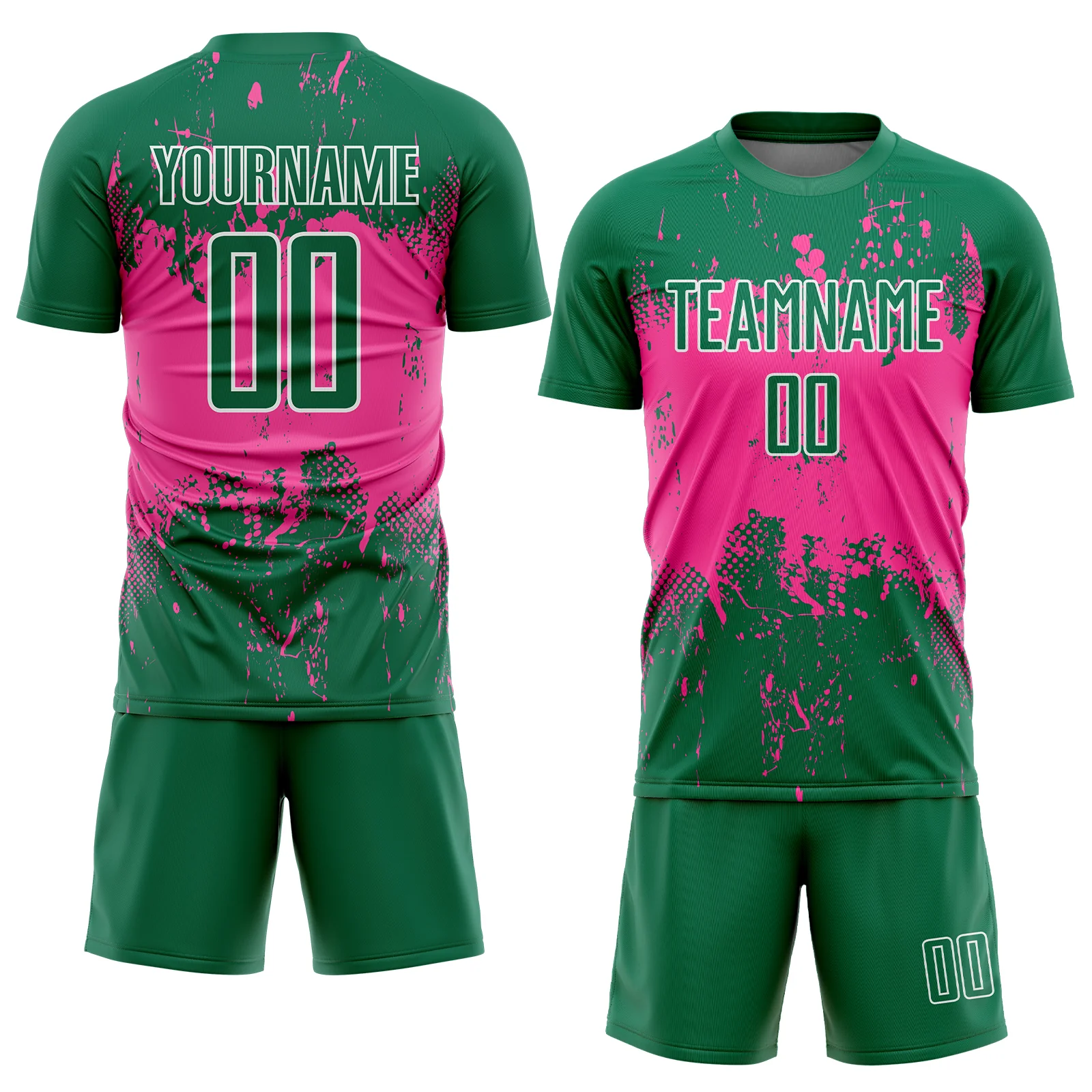 Custom Kelly Green Pink-White Abstract Splatter Grunge Art Sports Sublimation Soccer Uniform Jersey - Image 2