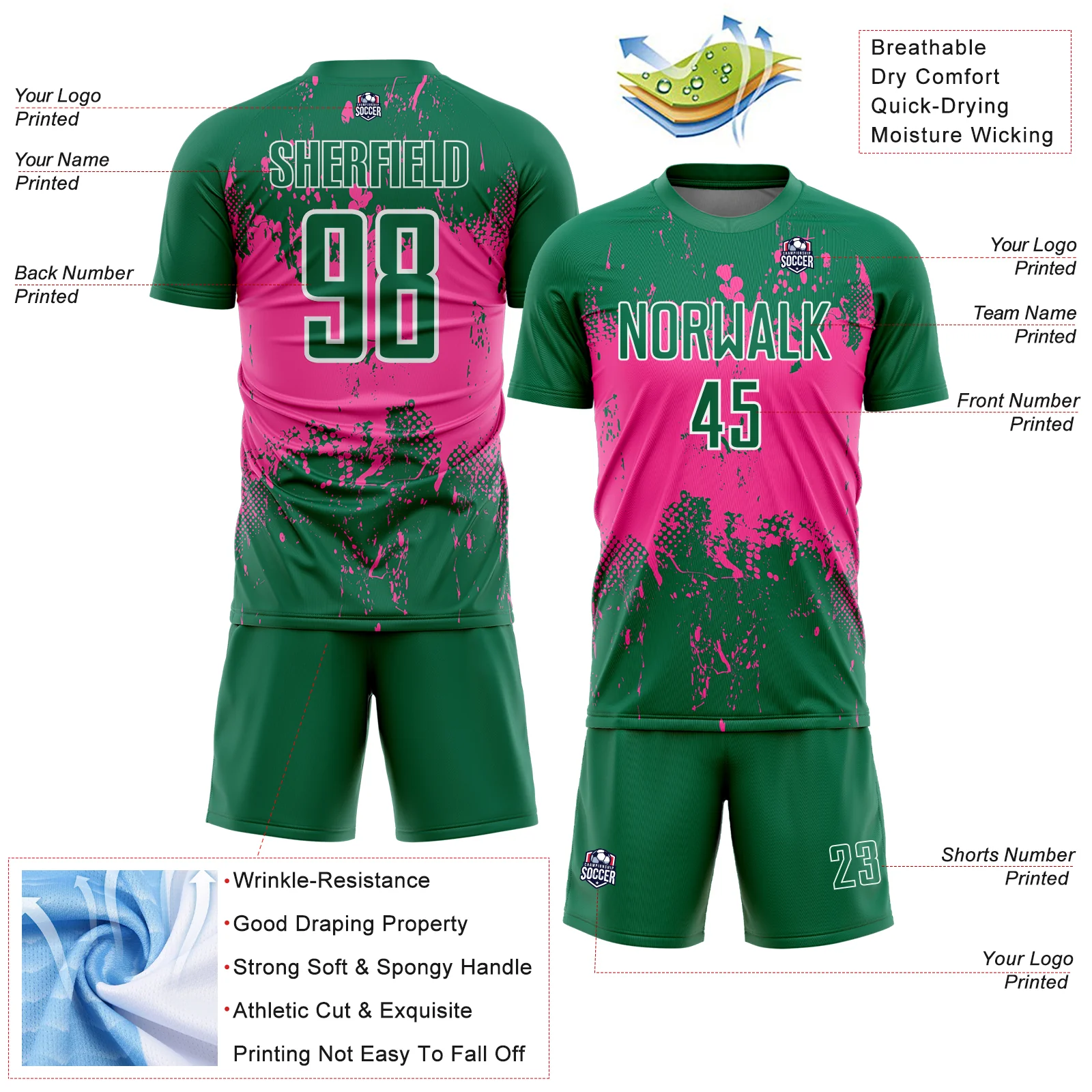 Custom Kelly Green Pink-White Abstract Splatter Grunge Art Sports Sublimation Soccer Uniform Jersey - Image 4