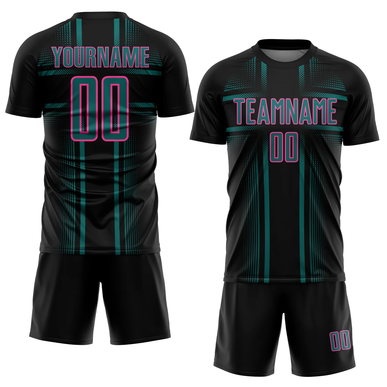 Custom Black Teal-Pink Lines Sublimation Soccer Uniform Jersey - Image 2