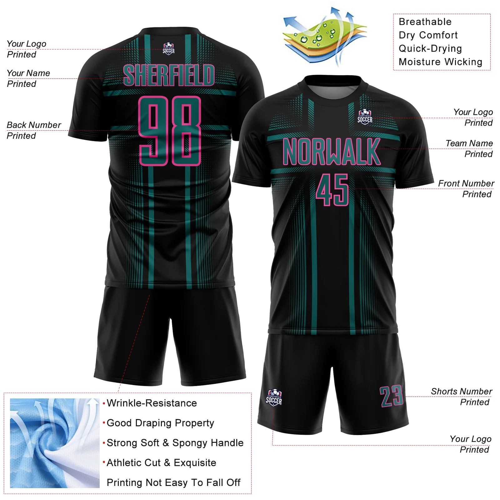 Custom Black Teal-Pink Lines Sublimation Soccer Uniform Jersey - Image 4