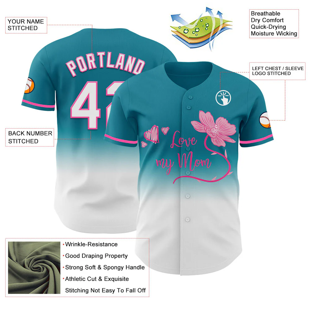 Custom Teal White-Pink 3D Pattern Design Gradient Mother's Day Love And Flower Authentic Baseball Jersey - Image 3