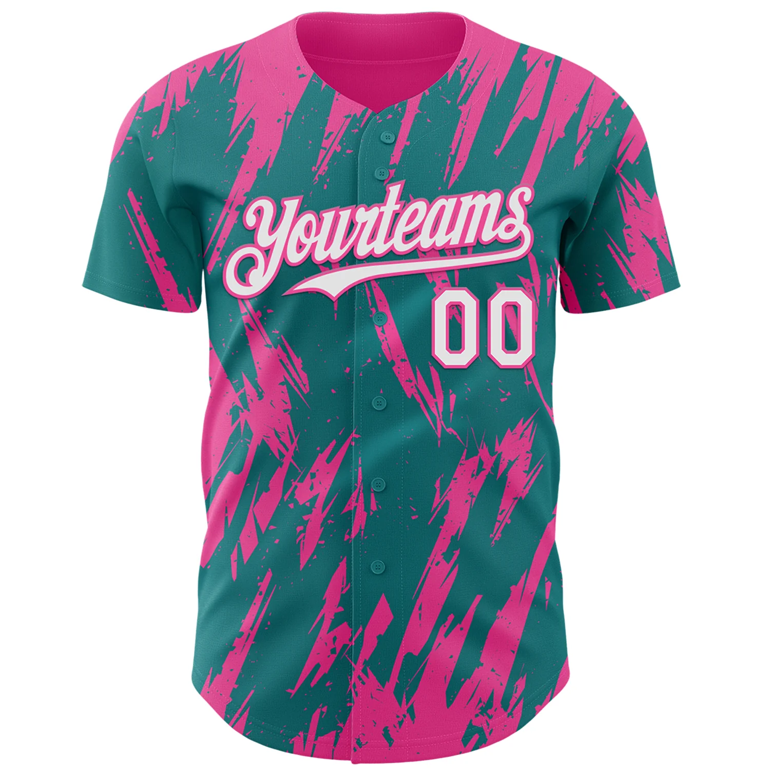 Custom Teal White-Pink Splatter Torn Sharp Brush Stroke Authentic Baseball Jersey - Image 2
