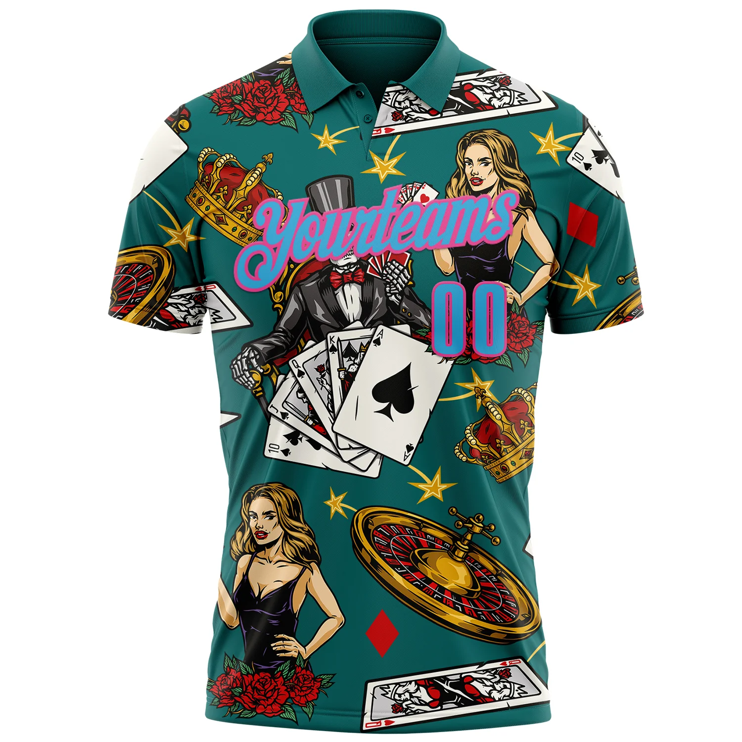 Custom Teal Sky Blue-Pink 3D Gambling Poker Performance Polo Shirt - Image 2