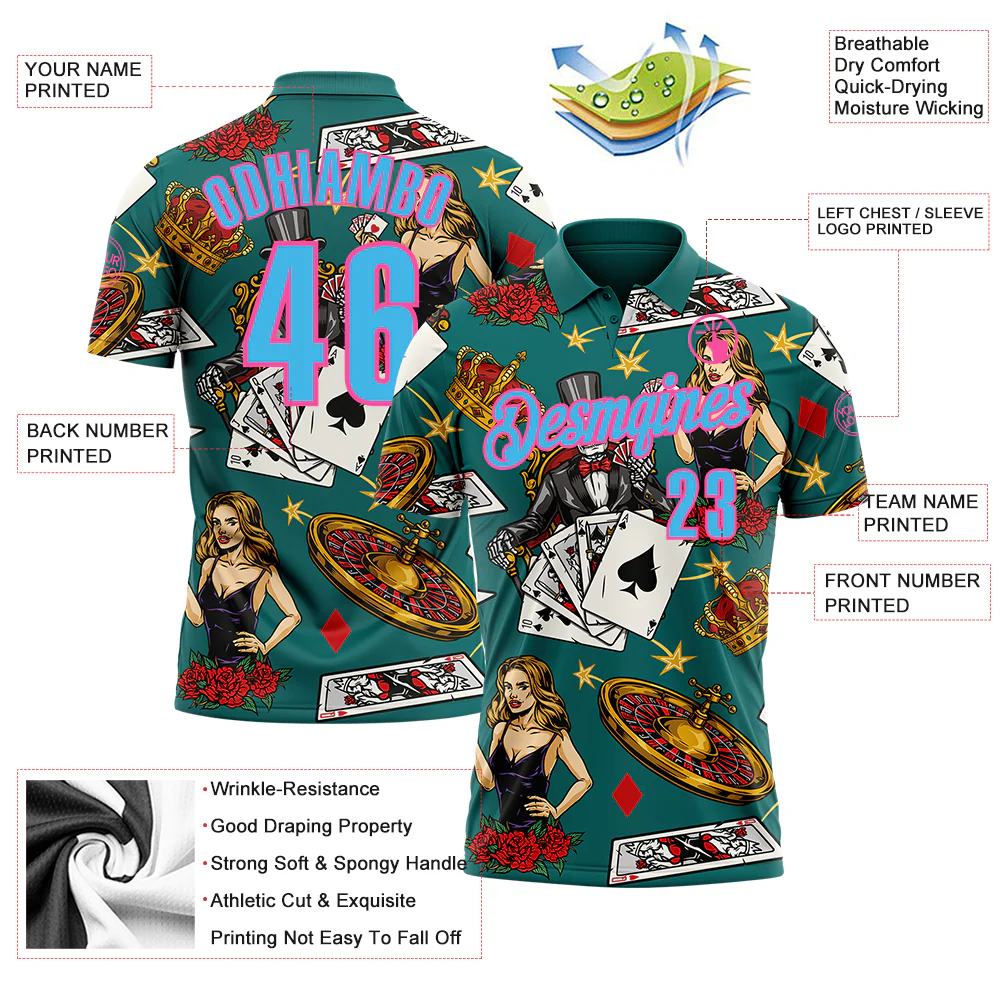 Custom Teal Sky Blue-Pink 3D Gambling Poker Performance Polo Shirt - Image 3