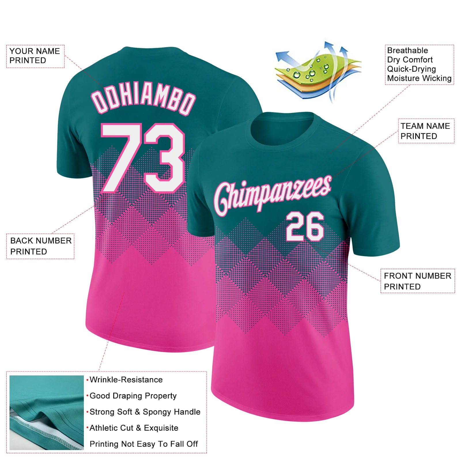 Custom Teal White-Pink 3D Pattern Design Gradient Square Shapes Performance T-Shirt - Image 2